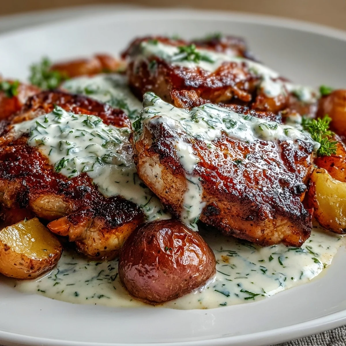 Slow-cooker Crockpot Ranch Pork Chops plated with soft carrots, halved baby potatoes, and a ladle of rich, herb-flecked sauce.