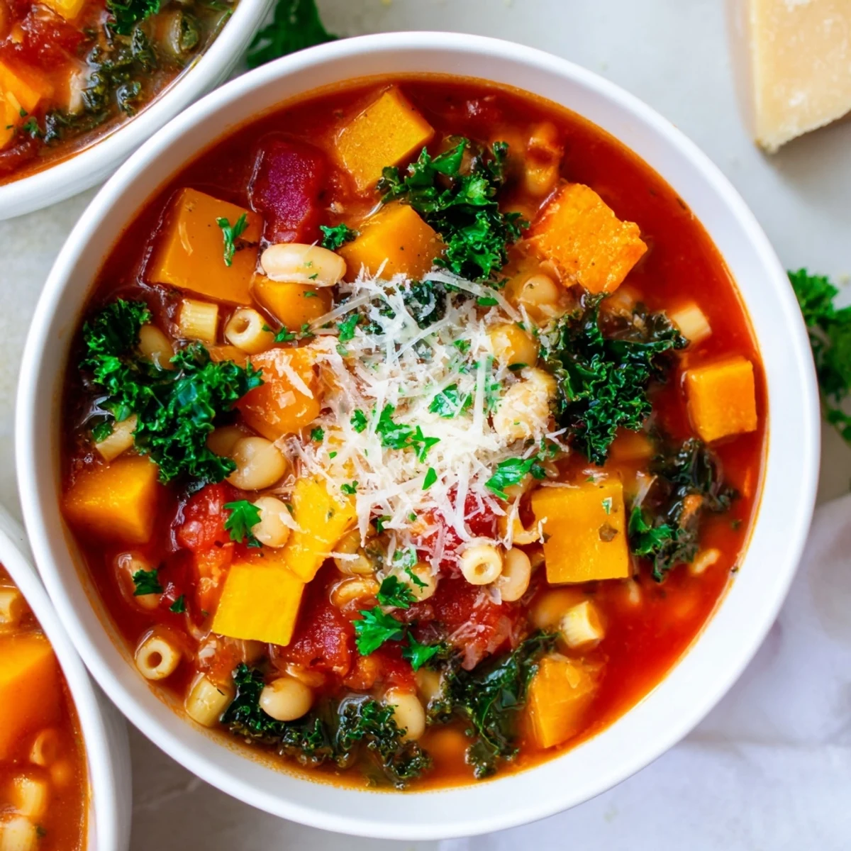 A cozy bowl of Winter Minestrone Soup with Butternut Squash and Kale, topped with Parmesan and fresh parsley.