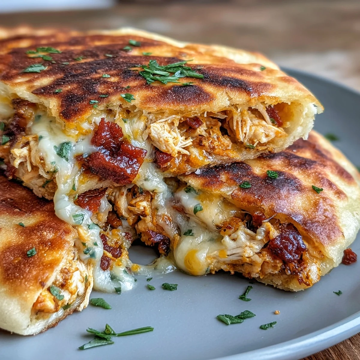 Golden-brown grilled Ranch Crack Chicken Stuffed Naan oozing melted cheddar and crispy bacon