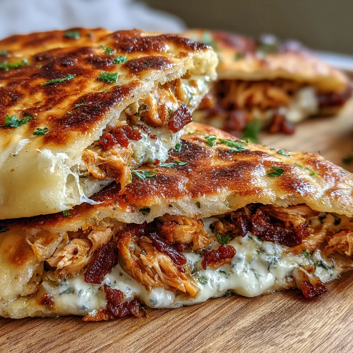 Plated Ranch Crack Chicken Stuffed Naan served with a side of creamy ranch dip