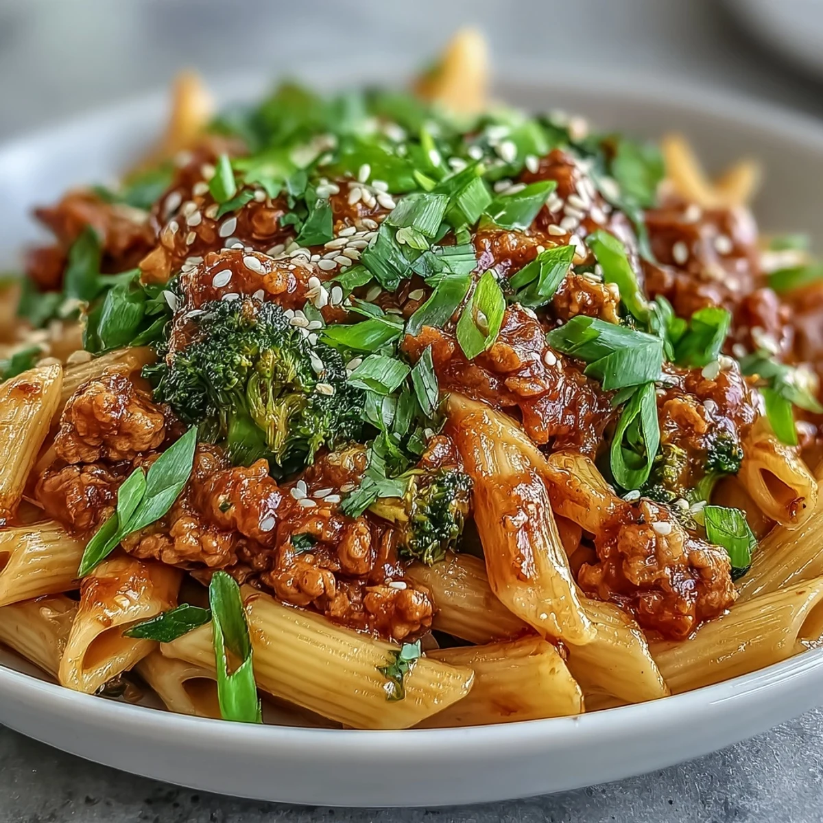 Savory Sweet & Spicy Turkey Broccoli Pasta in a skillet, garnished with green onions and sesame seeds, ready to serve for a weeknight dinner.