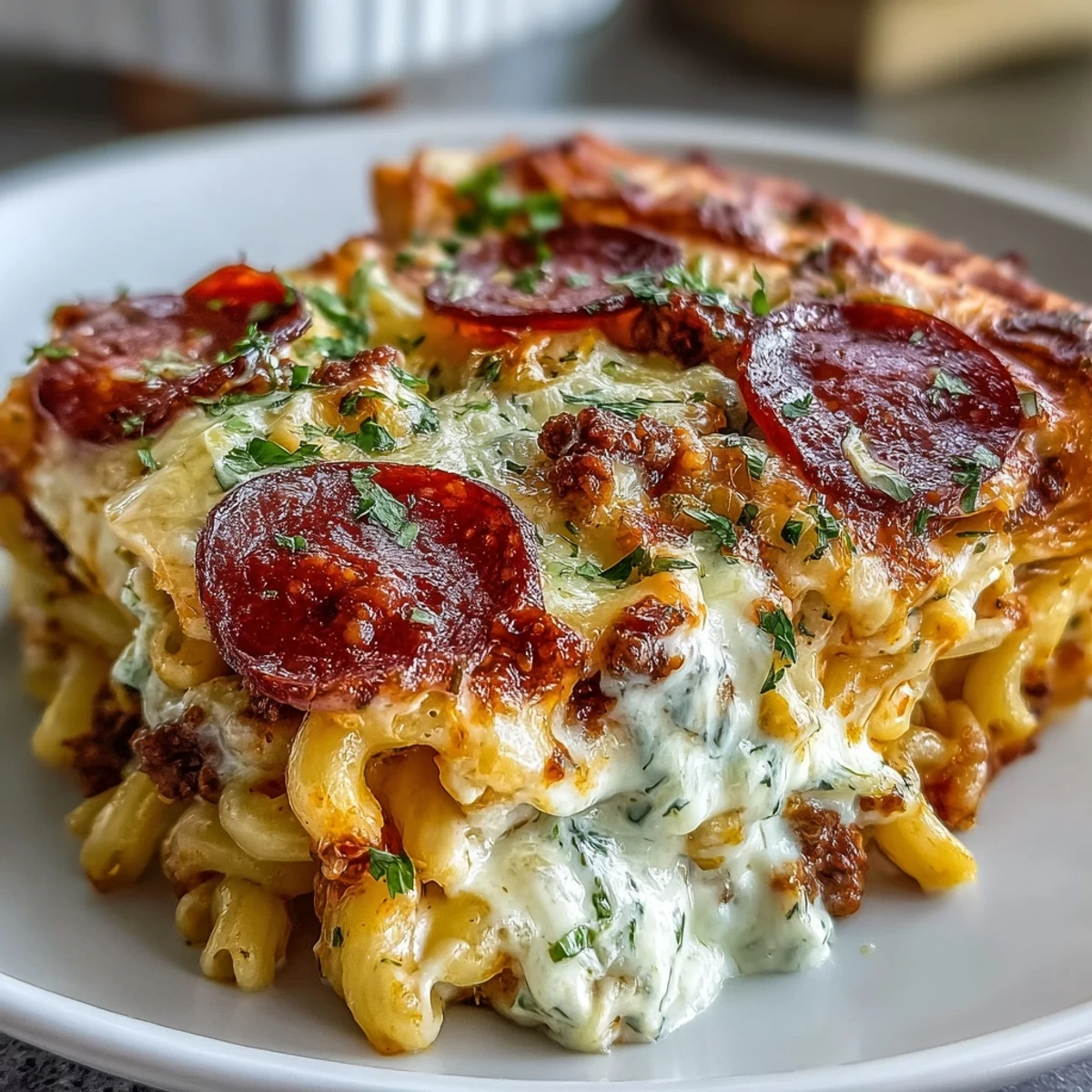 Golden, bubbly High-Protein Pizza Pasta Bake fresh from the oven, topped with melted mozzarella and pepperoni slices.