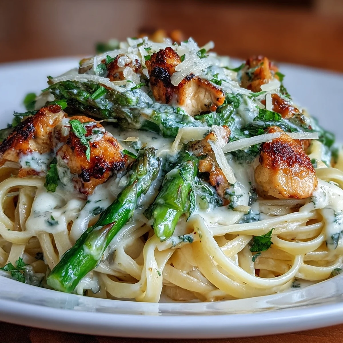 Golden roasted asparagus with crispy Asiago cheese tops a bowl of creamy Asiago Chicken & Asparagus Pasta.