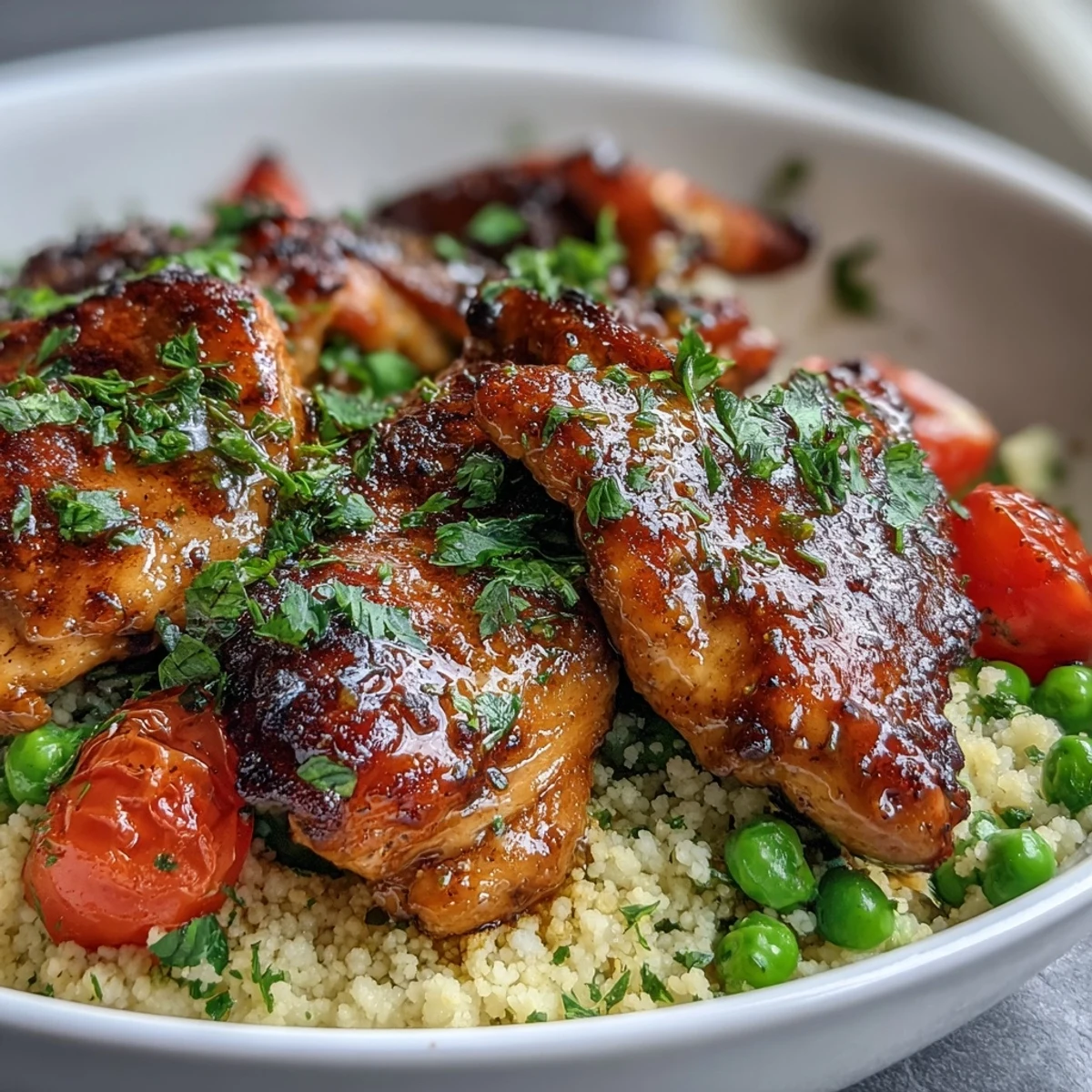 Golden-brown One-Pan Garlic Butter Chicken breasts rest on fluffy couscous with bright cherry tomatoes and peas.