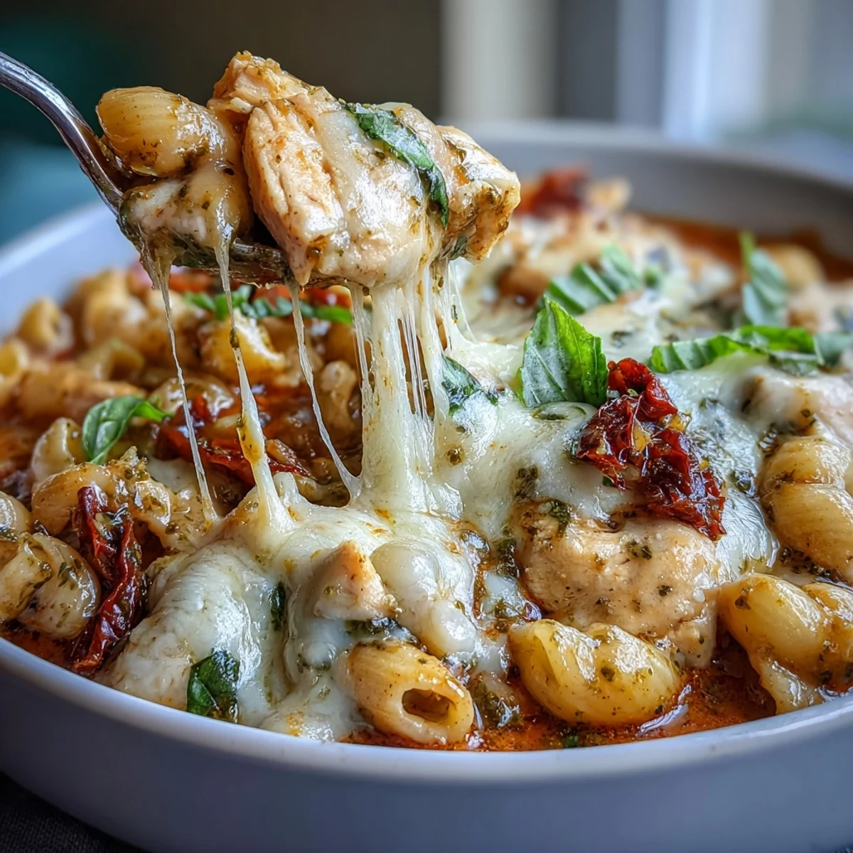 Sizzling Pesto Chicken Chili Mac with diced chicken, pasta shells, and red bell peppers in a skillet.