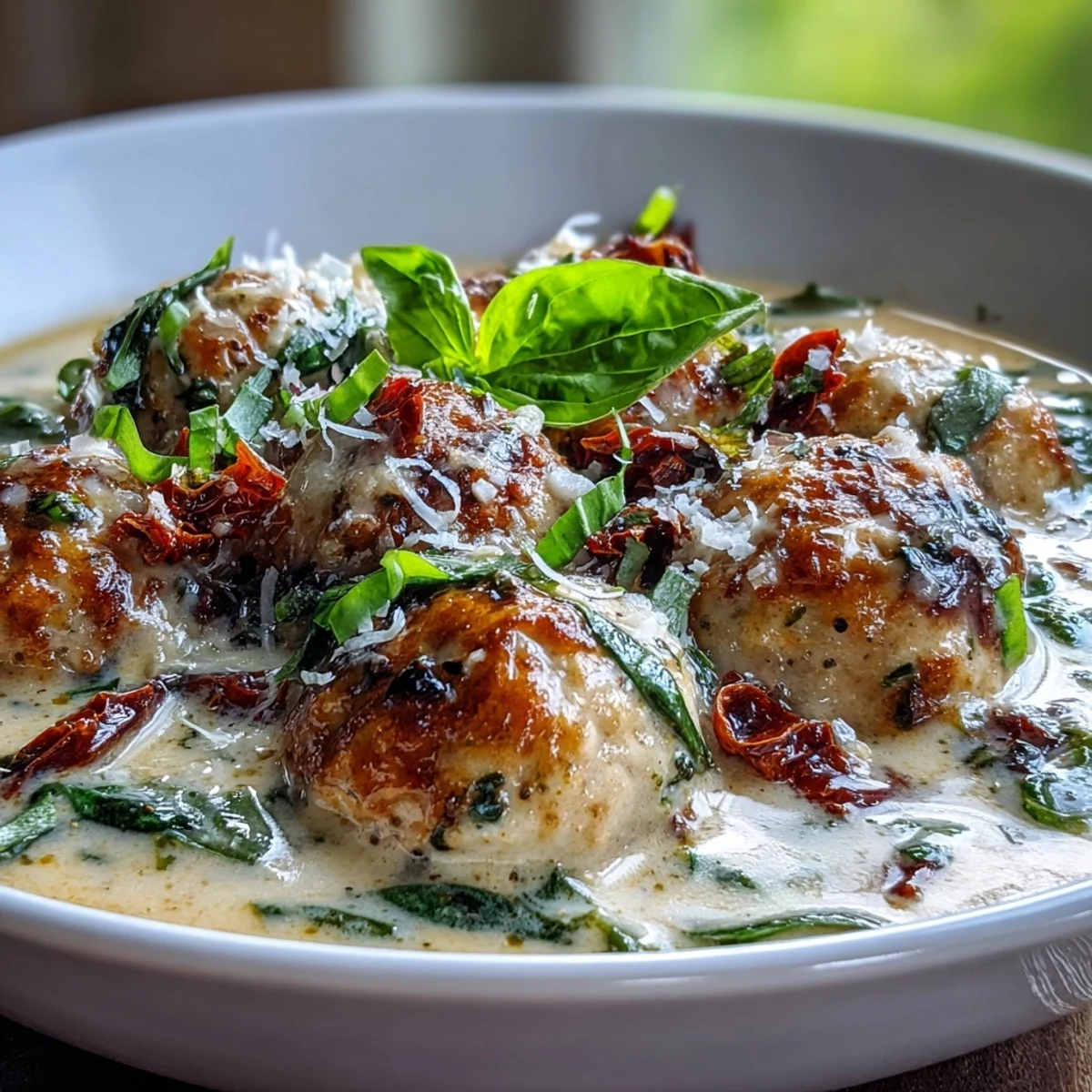 Steam rises from a bowl of Creamy Tuscan Turkey Meatball Soup, filled with wilted spinach and rich, creamy garlic broth.