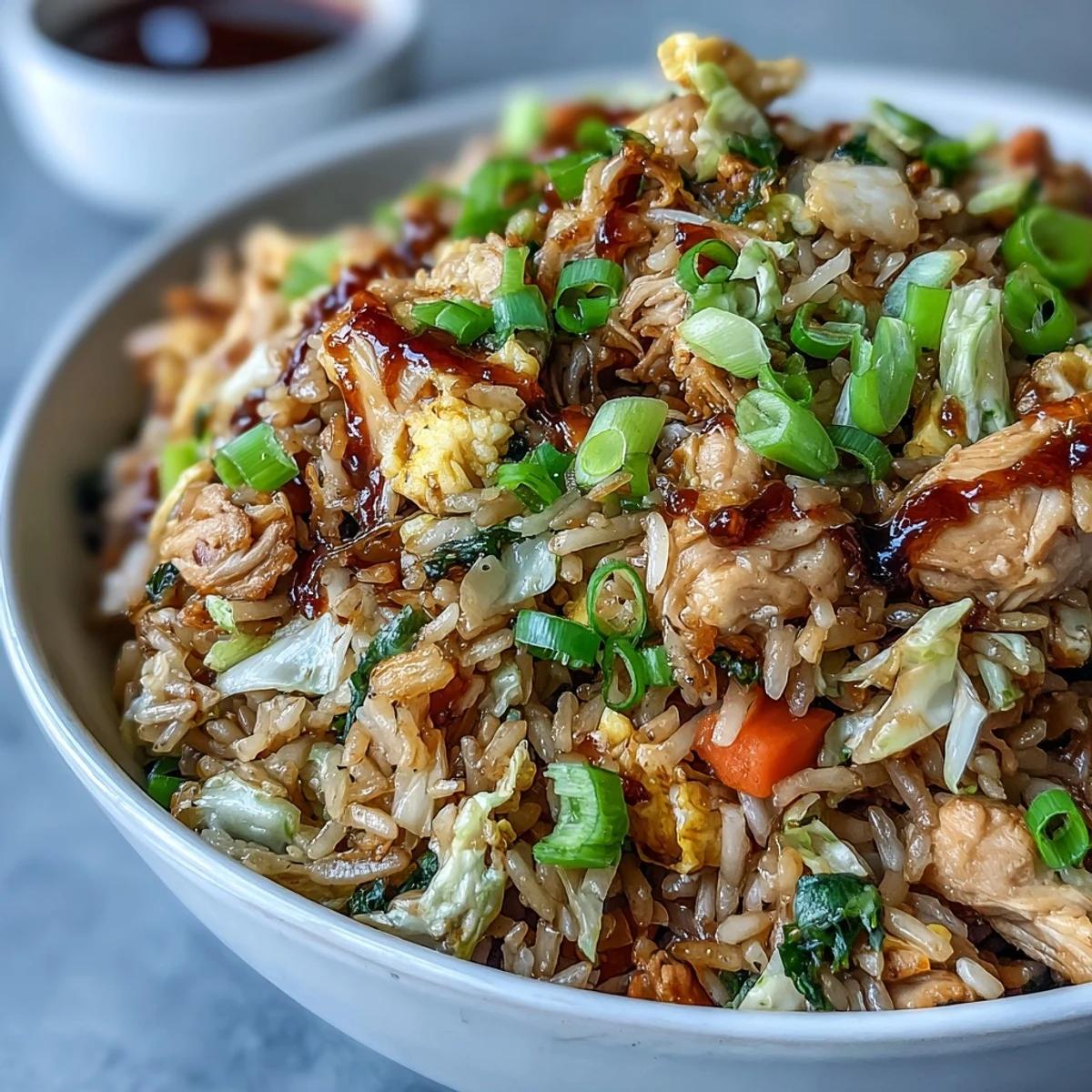 A wok holds stir-fried Egg Roll Fried Rice with Chicken, tossed with carrots and sesame seeds.