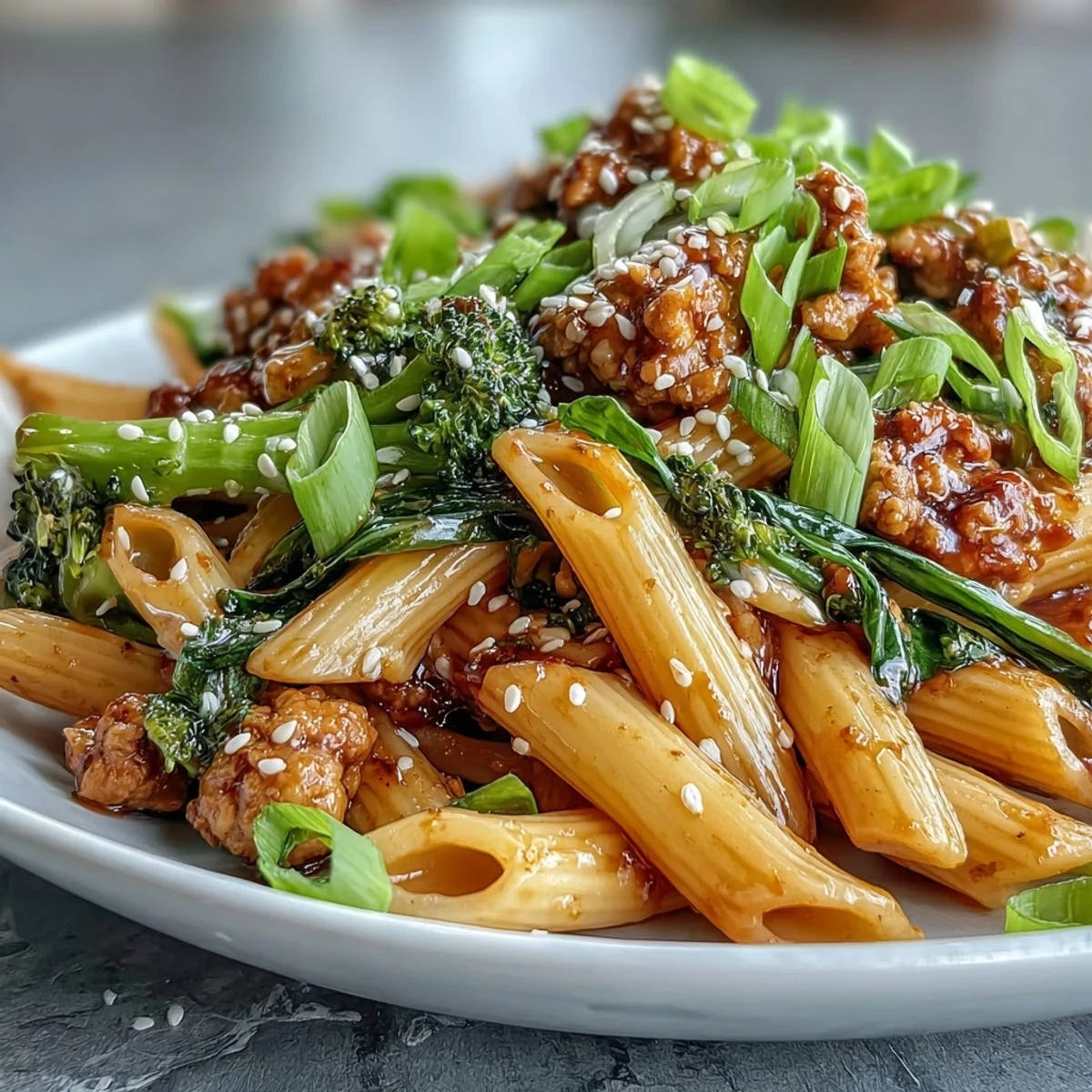 Steaming Sweet & Spicy Turkey Broccoli Pasta with penne, bright broccoli florets, and tender ground turkey tossed in a glossy red sauce.