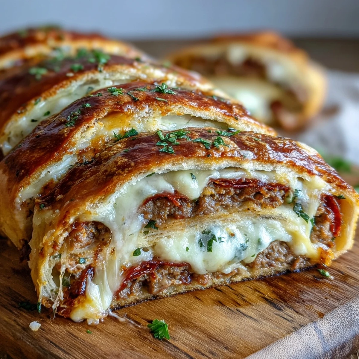 Golden-brown Baked High-Protein Pepperoni Stromboli fresh from the oven, sliced to show layers of pepperoni, beef, and melted mozzarella on a rustic board.