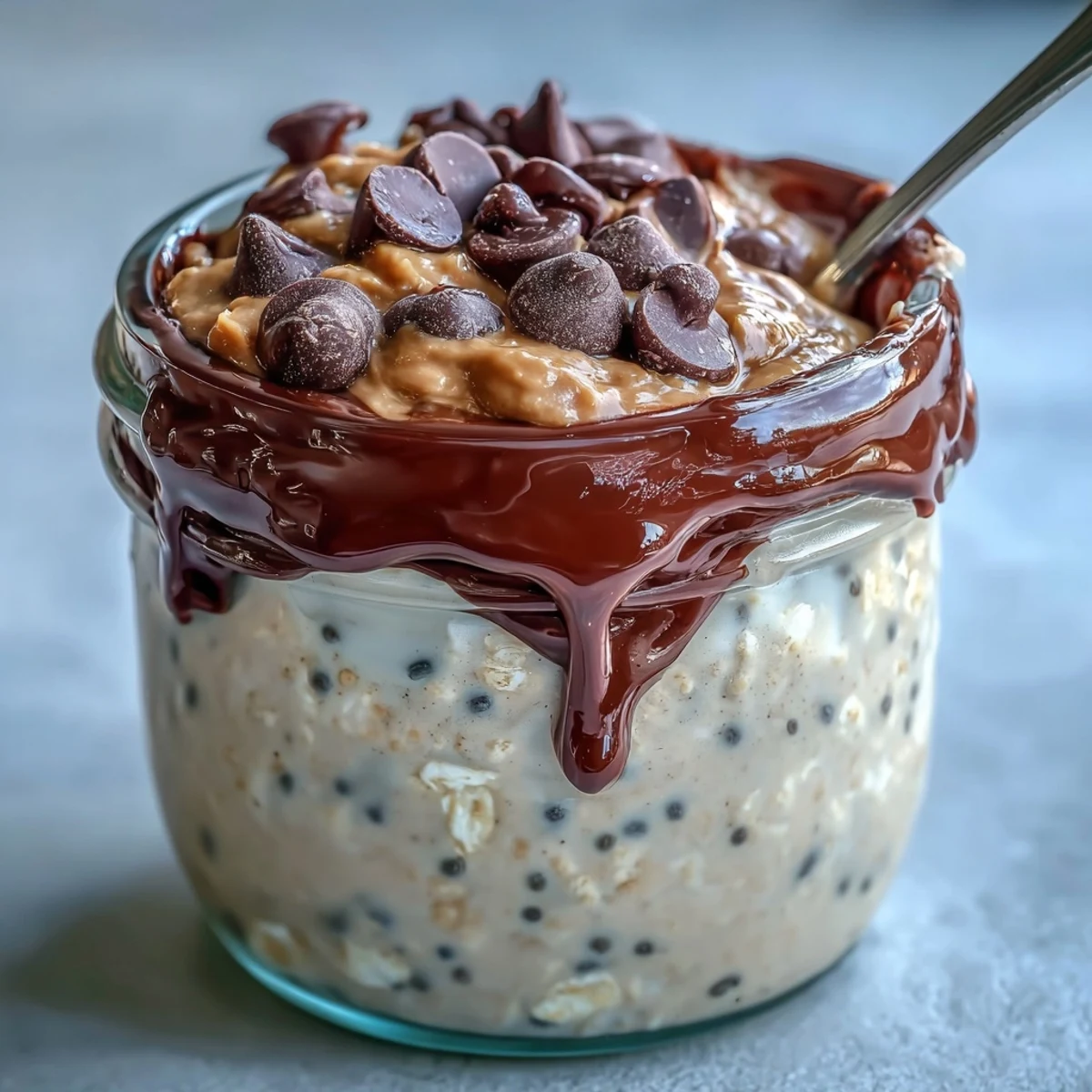 Thick layers of overnight oats with peanut butter and chocolate ganache in a jar.