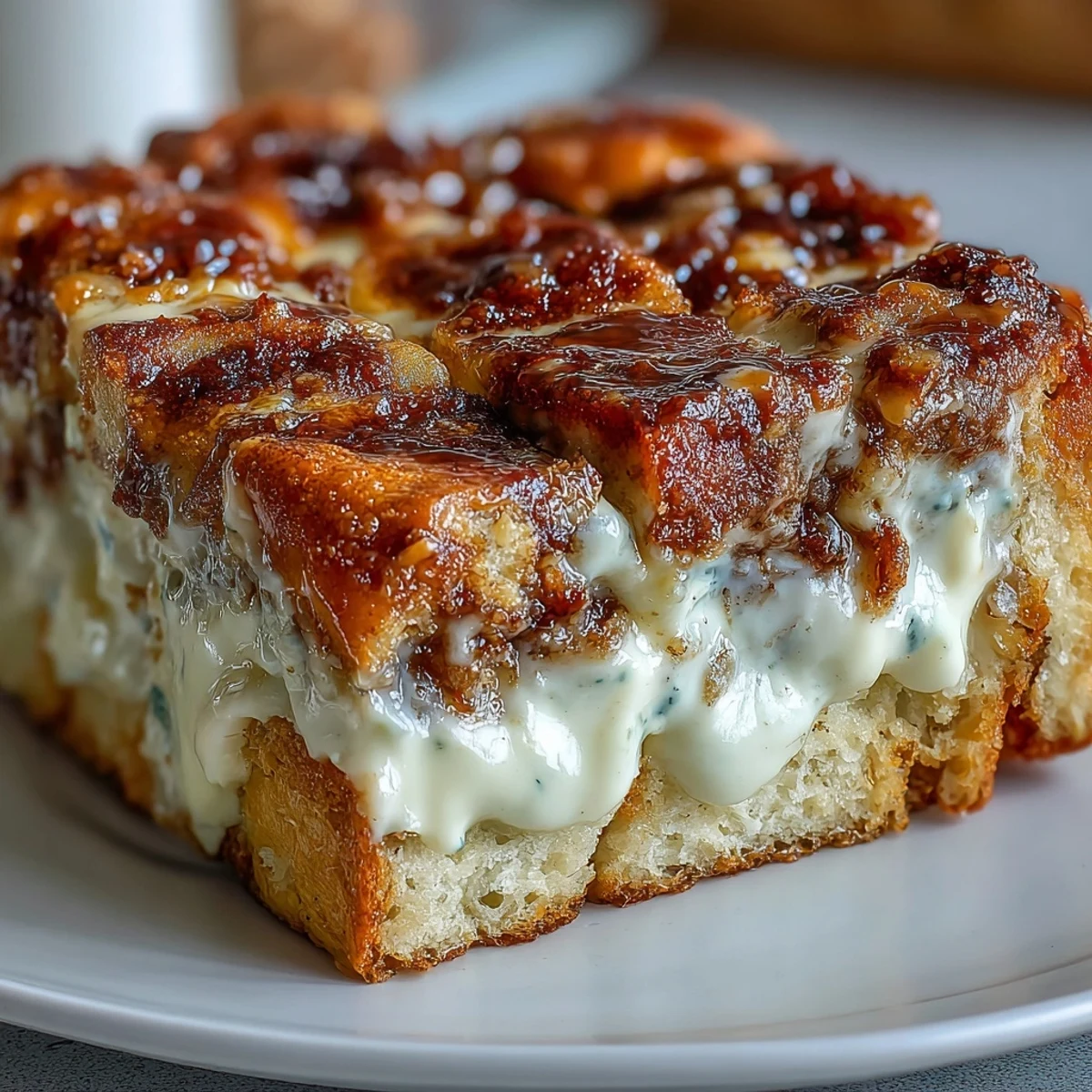 Freshly baked Cream Cheese Swirl Cinnamon Roll French Toast Bake with a golden, puffed top revealing creamy swirls.