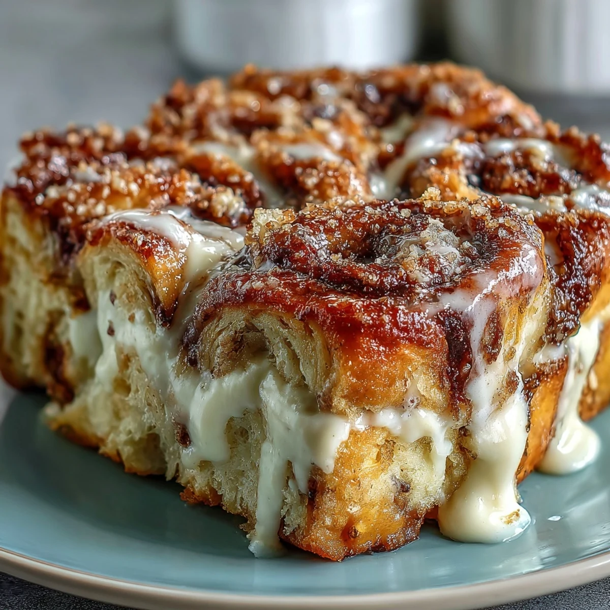 Gooey cinnamon sugar glaze coats the warm Cream Cheese Swirl Cinnamon Roll French Toast Bake slices.