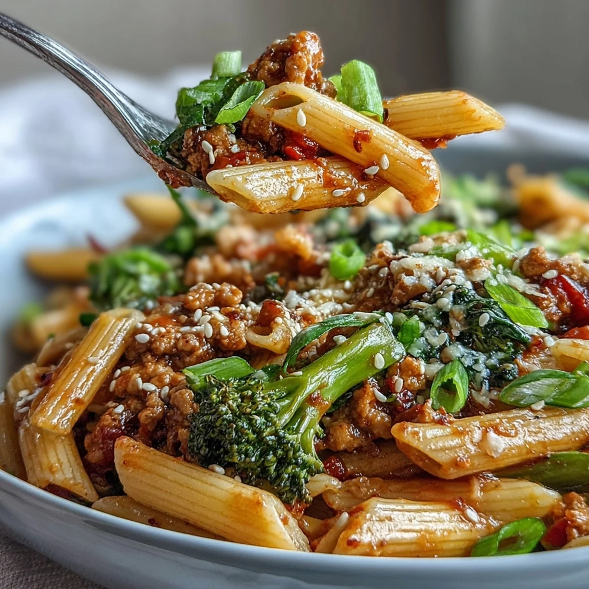 Close-up of Sweet & Spicy Turkey Broccoli Pasta in a skillet, featuring sautéed ground turkey and crisp broccoli florets coated in a glossy sauce.