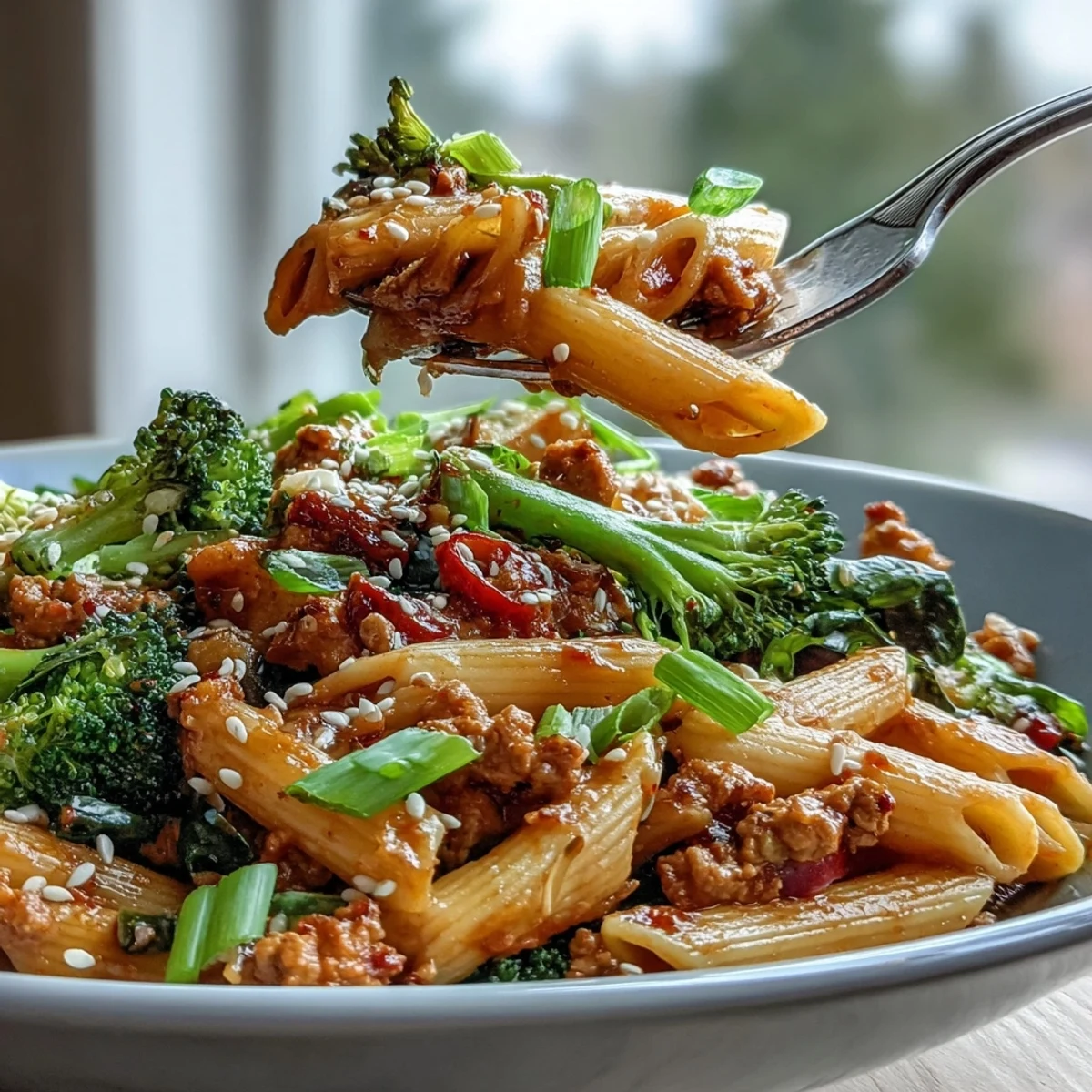 A vibrant serving of Sweet & Spicy Turkey Broccoli Pasta garnished with green onions and sesame seeds, ready to be enjoyed hot.