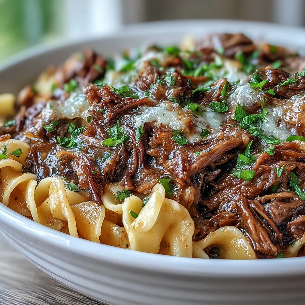 Slow-cooked shredded beef and caramelized onions create a rich, savory gravy over buttery egg noodles.