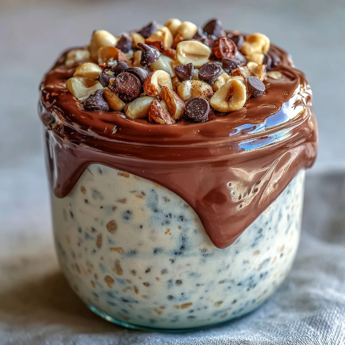 Creamy peanut butter cup overnight oats in a glass jar, layered with chocolate ganache and topped with chocolate chips.