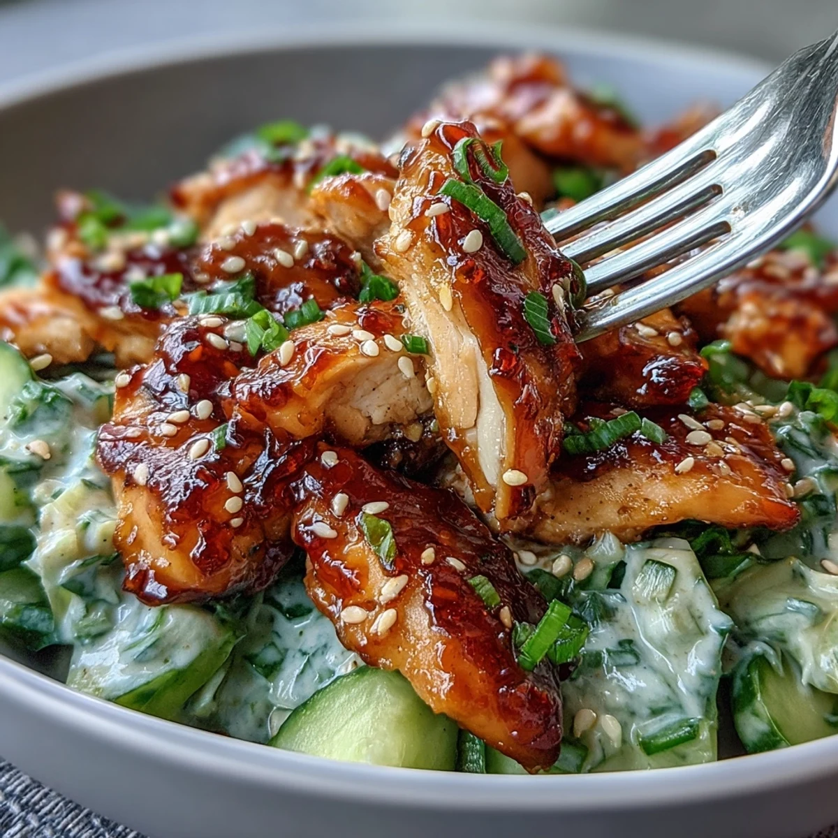 A vibrant bowl of TikTok Chili-Crisp Cucumber Chicken Bowls features golden seared chicken, crunchy cucumbers, and a drizzle of chili crisp next to fluffy jasmine rice.