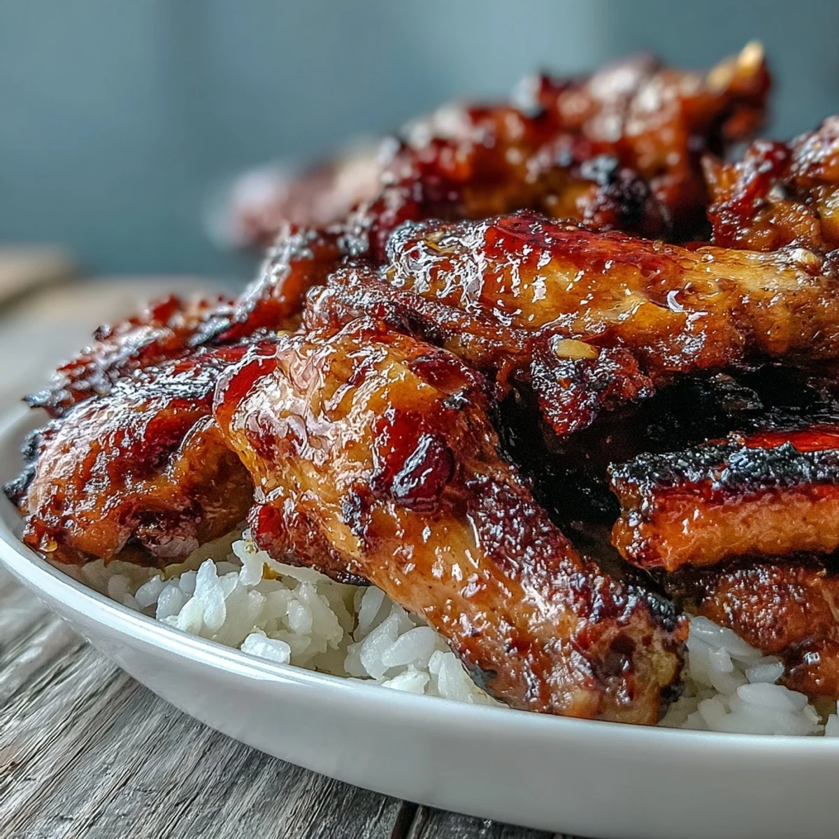 Golden-baked honey garlic chicken wings rest on fluffy buttery rice, garnished with fresh parsley on a rustic plate.
