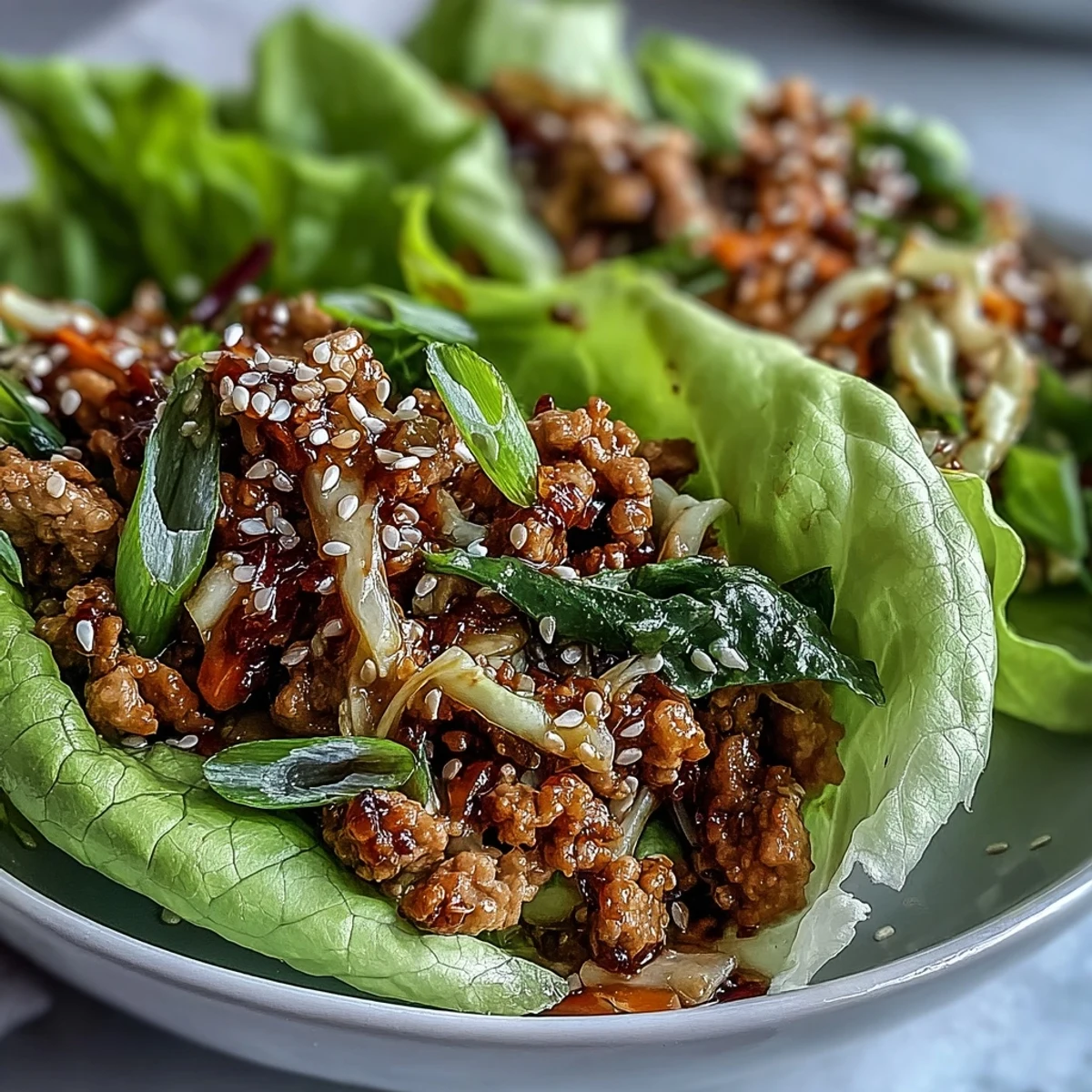 Freshly cooked ground turkey stir-fry with carrots and cabbage, spooned into crisp lettuce cups and topped with sesame seeds for Turkey Potsticker Stir-Fry Lettuce Wraps.