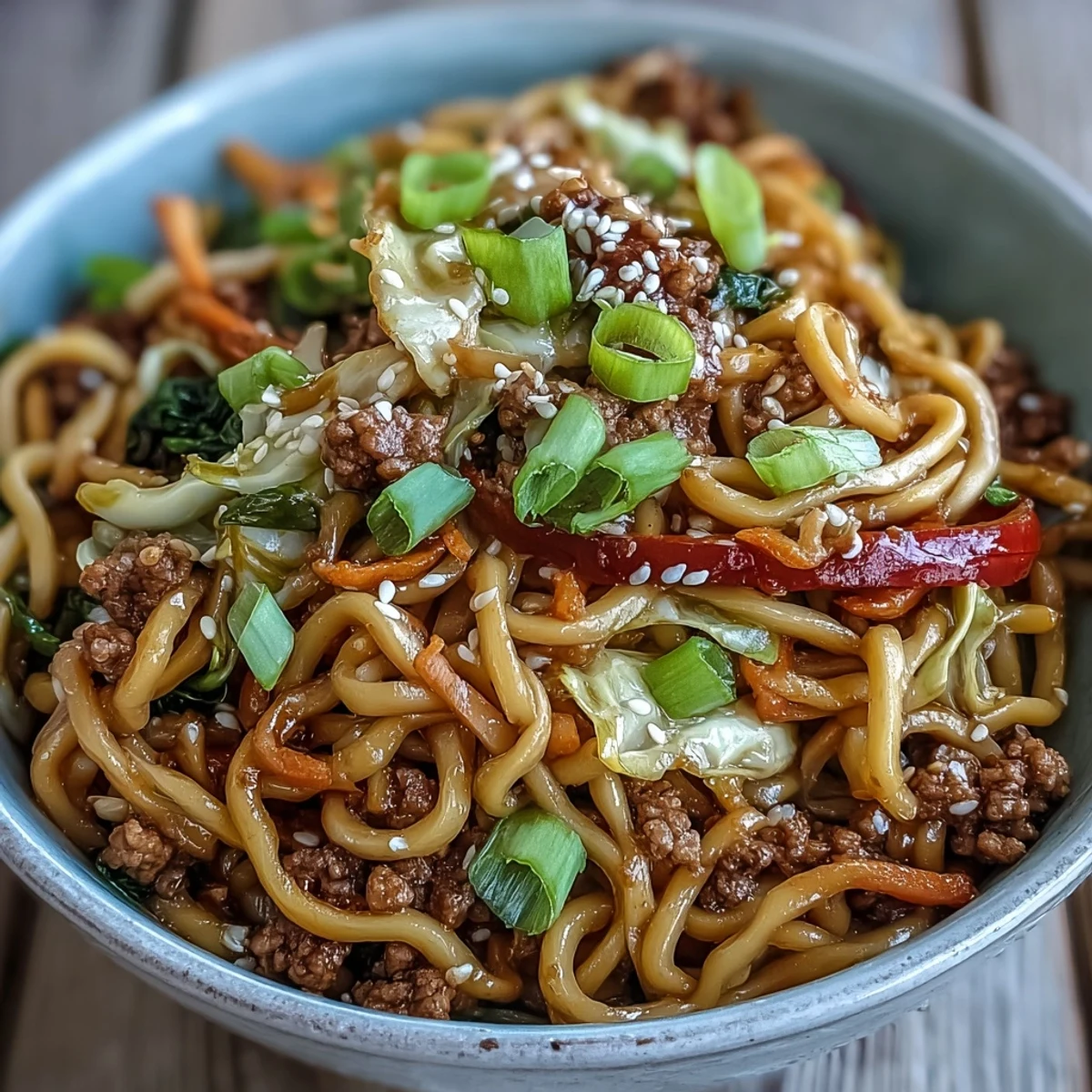 Steam rises from a wok of Korean Turkey Fried Noodles, showcasing glossy noodles, crisp vegetables, and savory ground turkey coated in a spicy red sauce.
