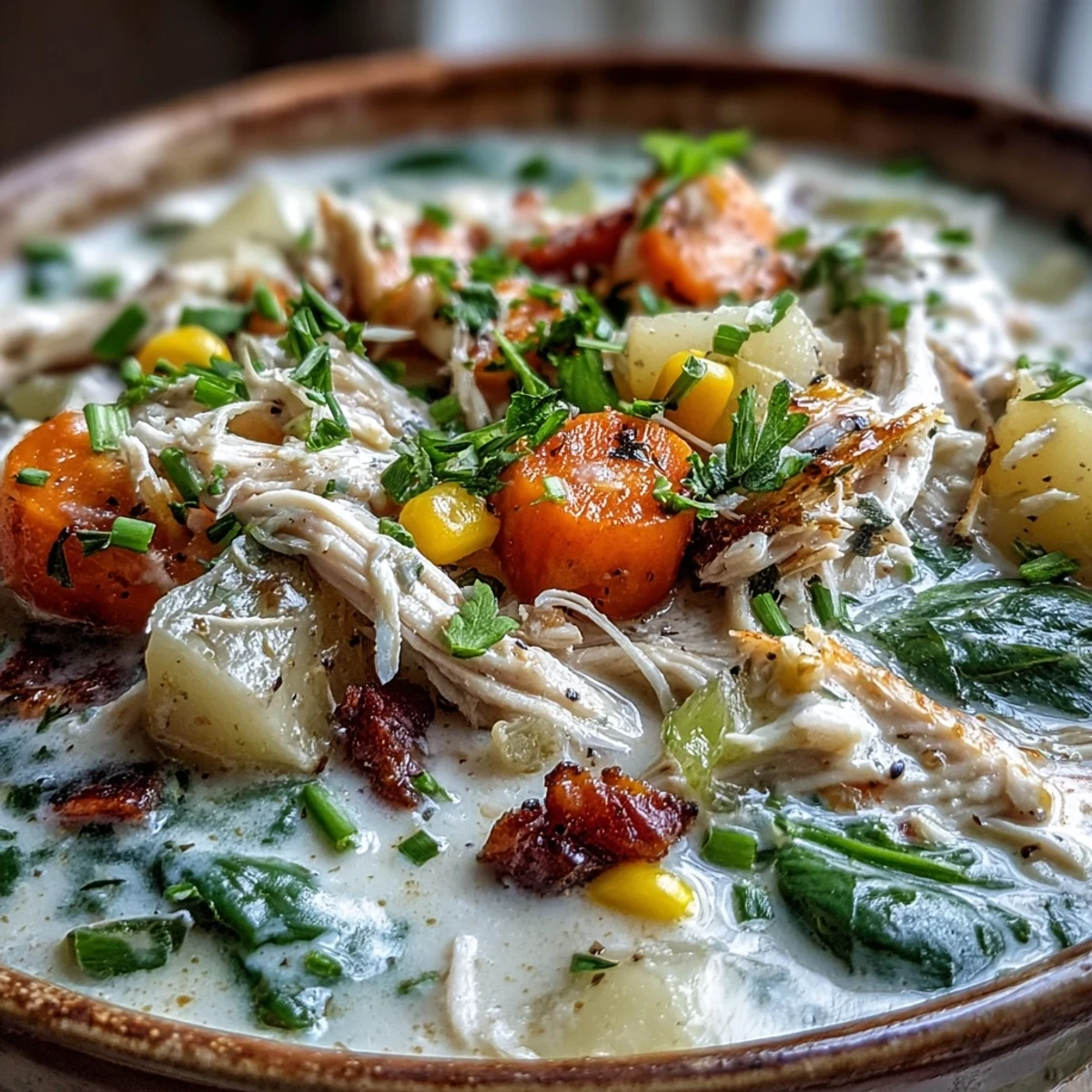 Tender shredded ranch chicken and colorful vegetables simmer in a hearty broth, with corn, potatoes, and spinach in a cozy pot.