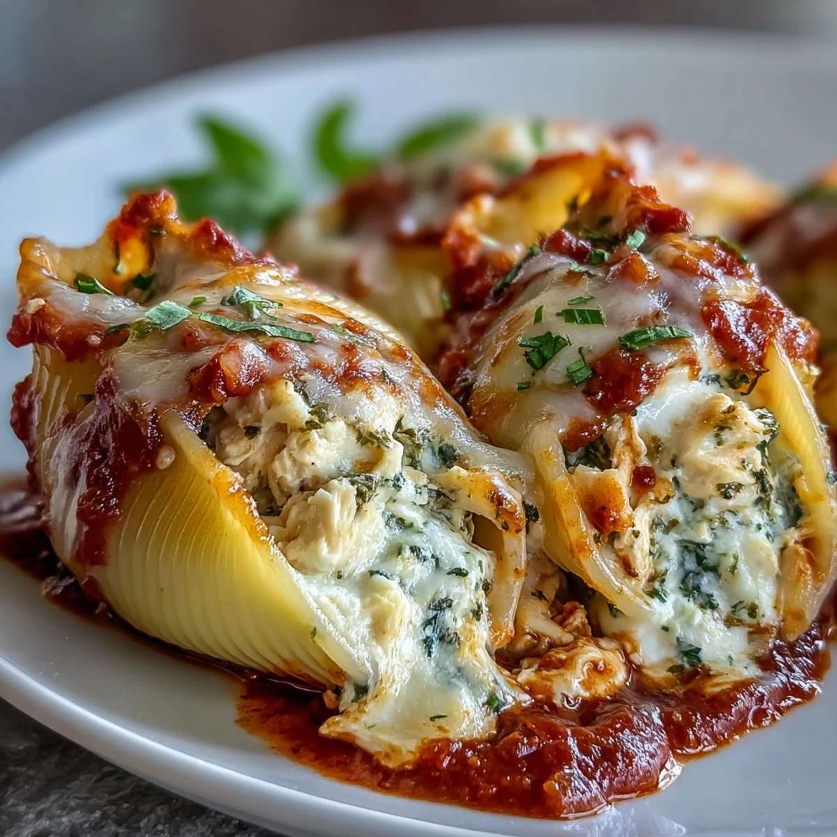 Tender jumbo pasta shells overflowing with cheesy pesto filling, arranged in a ceramic dish with marinara sauce.