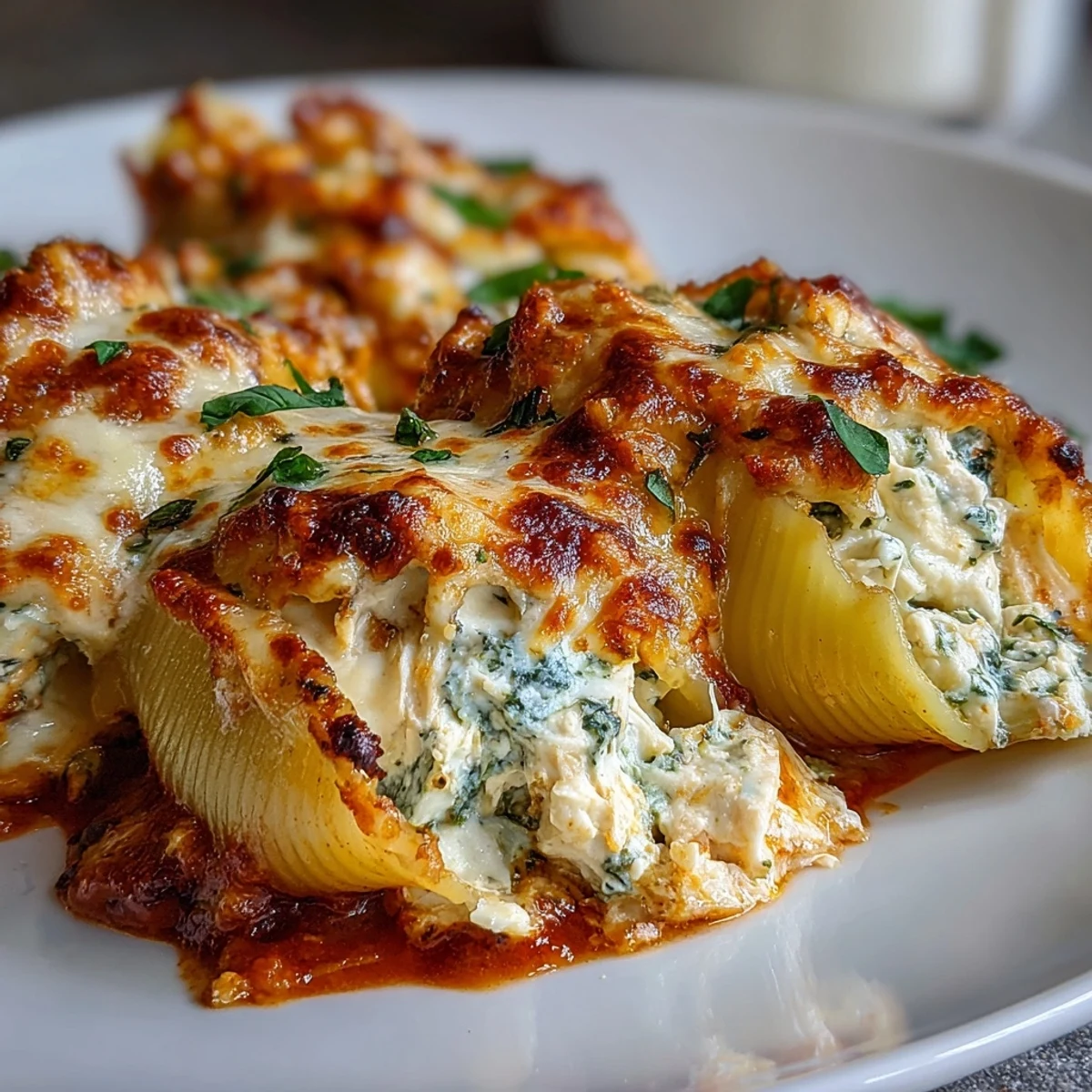 Golden-baked Pesto Lasagna Stuffed Shells fresh from the oven, filled with creamy ricotta and shredded chicken.