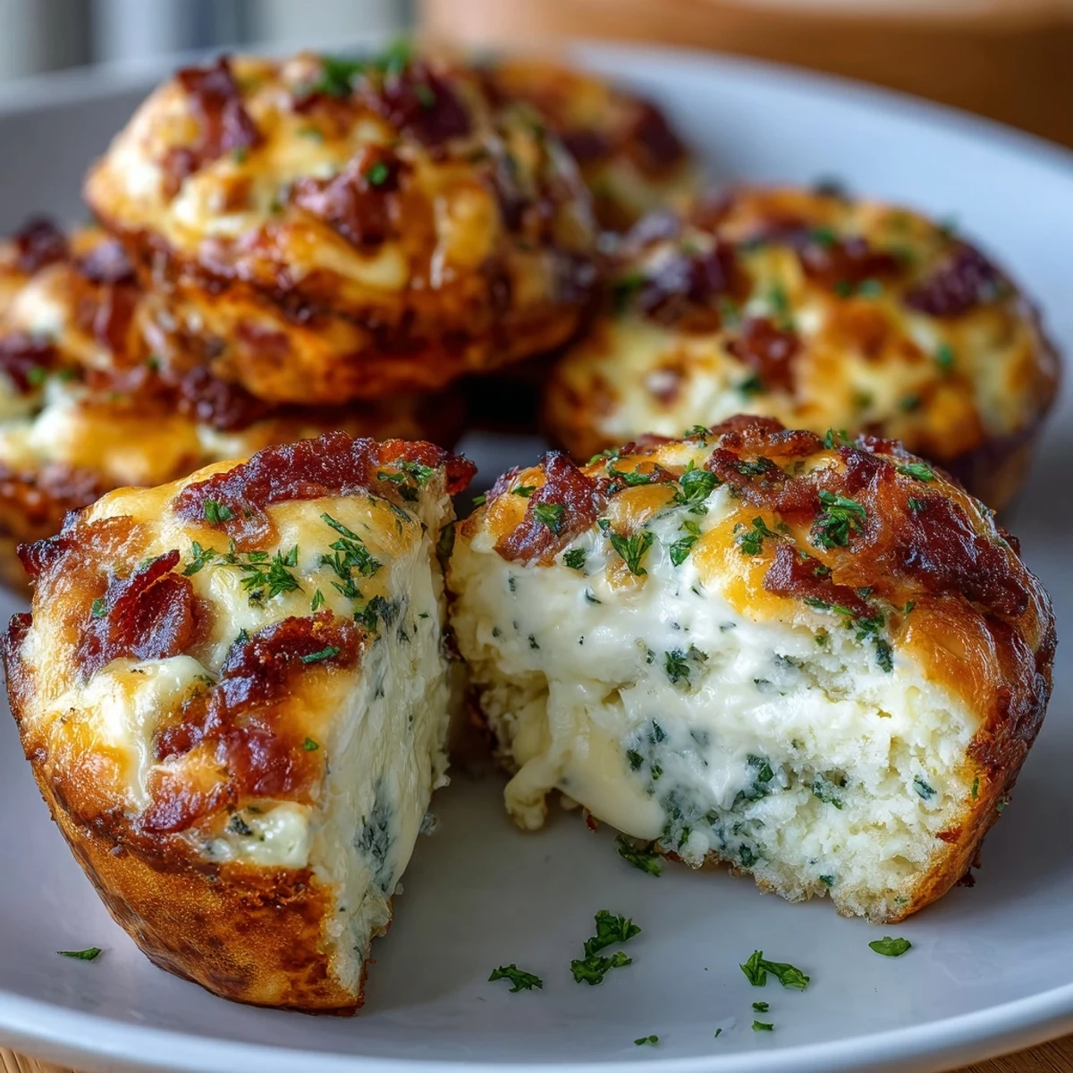 Golden-brown Ranch Bacon Breakfast Egg Bites sit on a white plate, showcasing fluffy eggs, crispy bacon bits, and melted cheddar cheese.