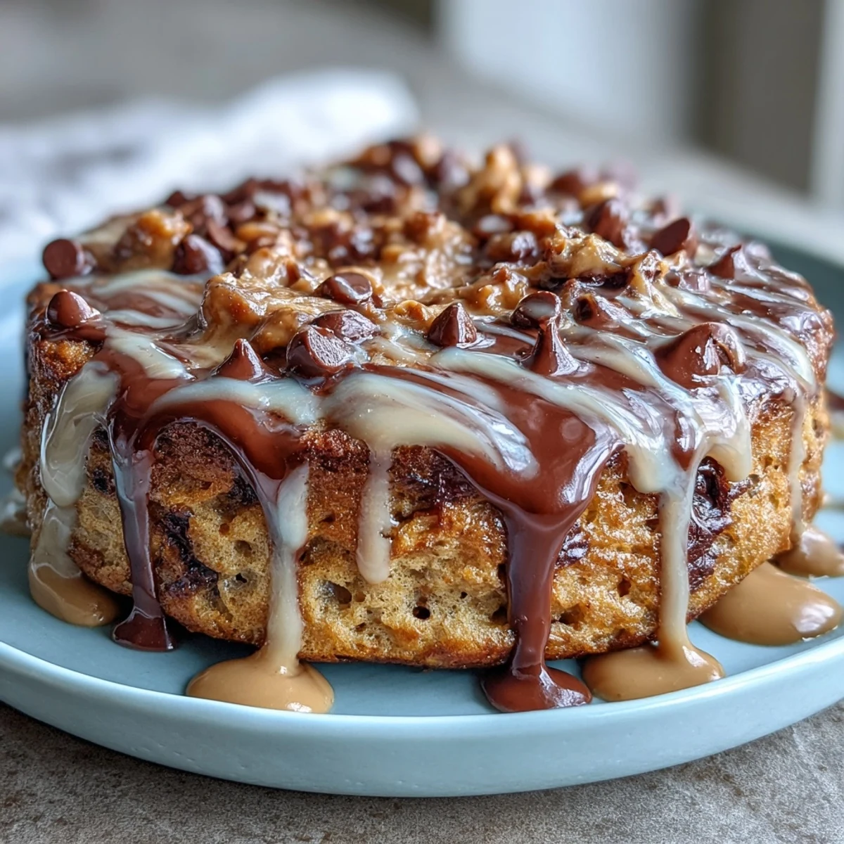 Freshly baked Peanut Butter Cup Protein Pancake Bowl with melted chocolate chips and a creamy peanut drizzle on top.