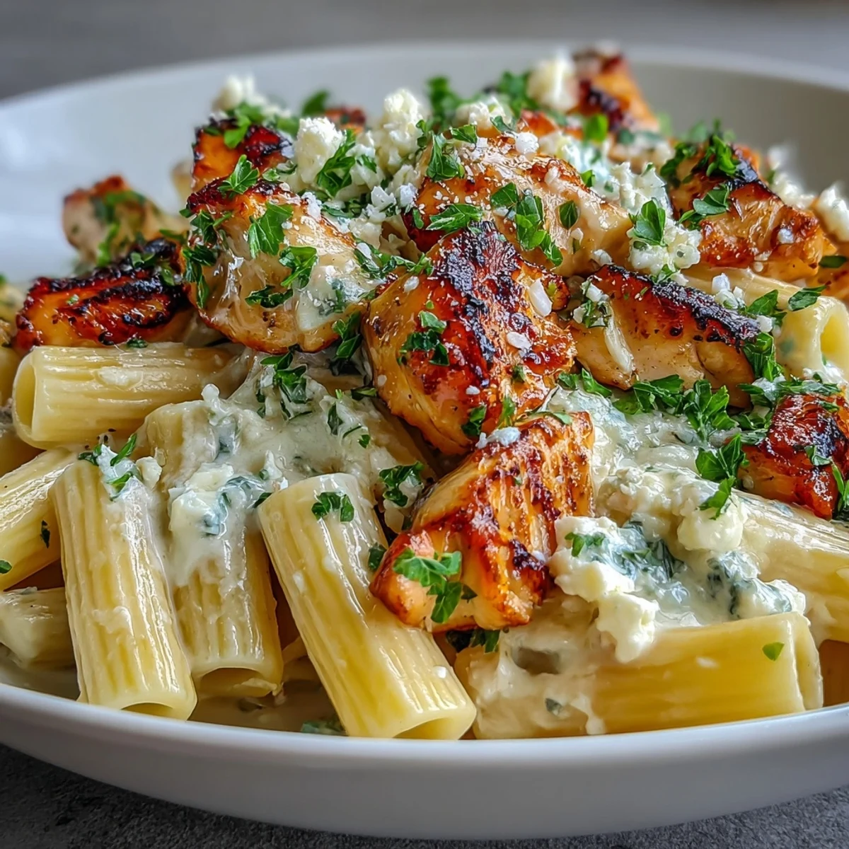 Spiral steam rises from a skillet of Creamy Lemon Feta Chicken Pasta, highlighting glossy noodles coated in Parmesan and lemon cream sauce.