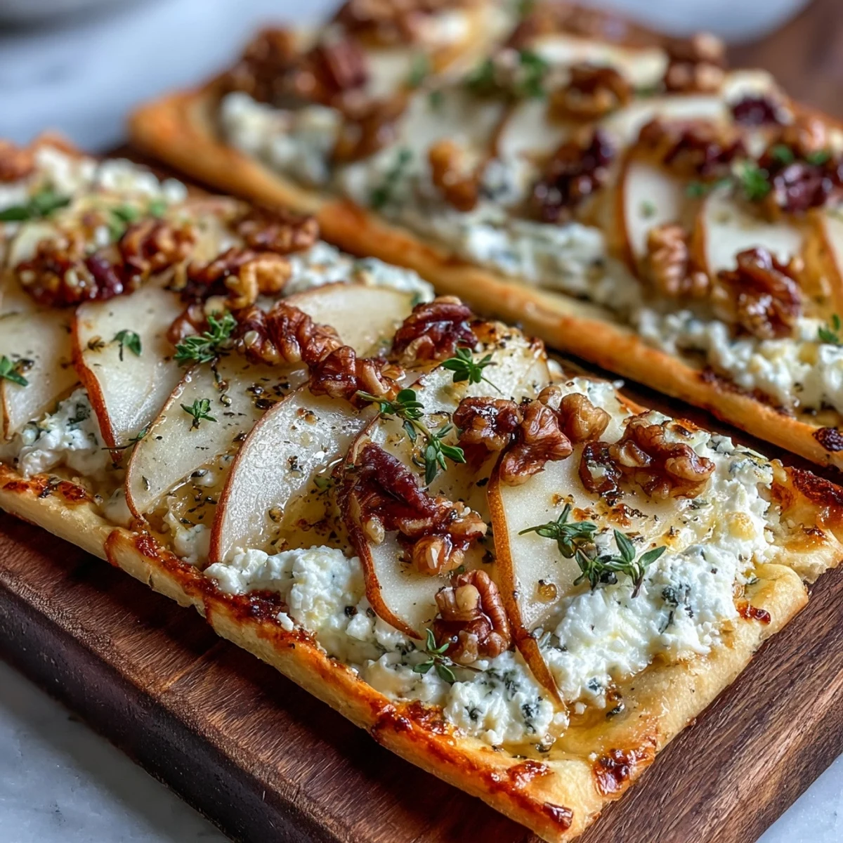 Golden-baked Goat Cheese & Pear Flatbread with sweet pears, thyme, and spicy honey for an elegant appetizer.