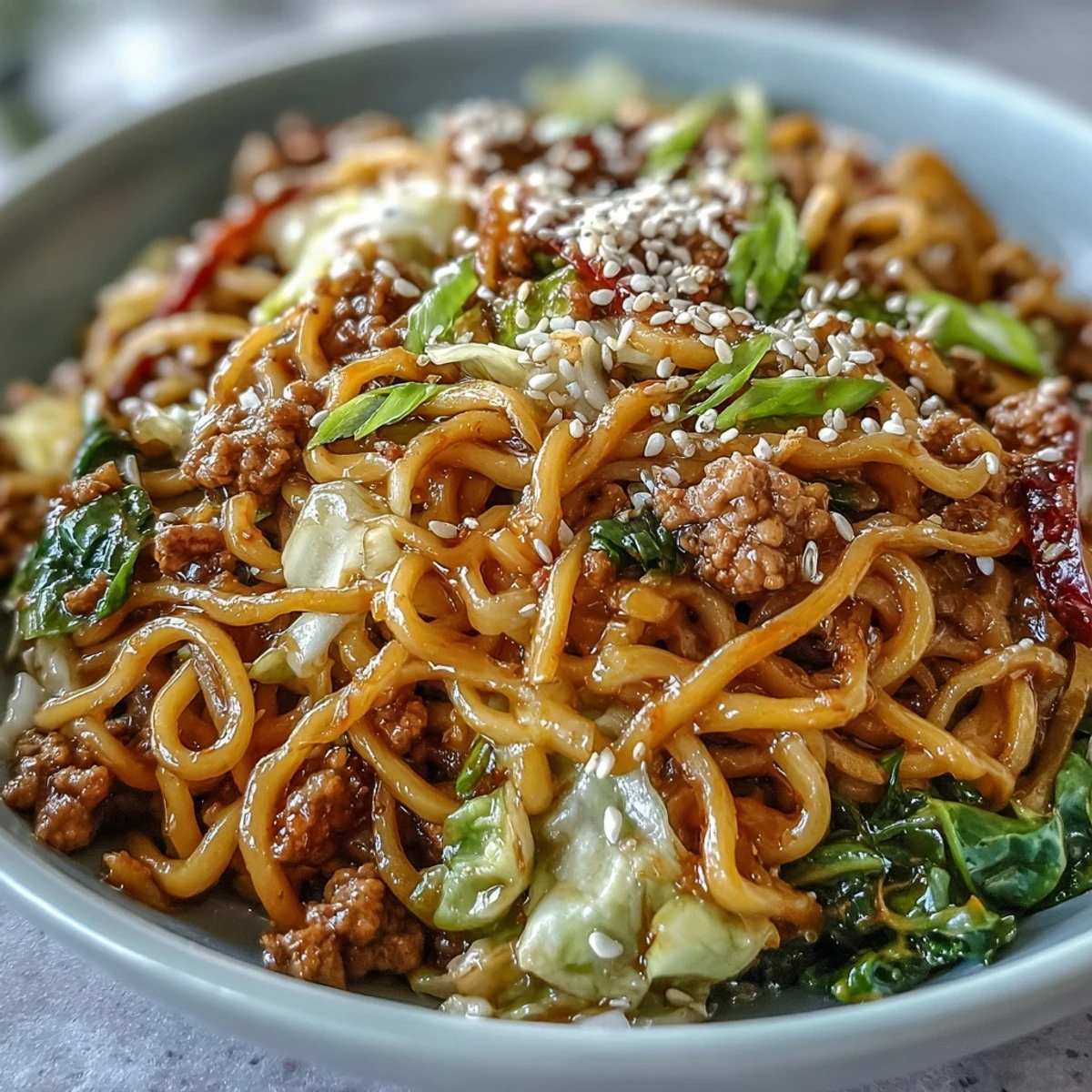 Korean Turkey Fried Noodles served hot, garnished with green onions and sesame seeds for a flavorful fusion meal.