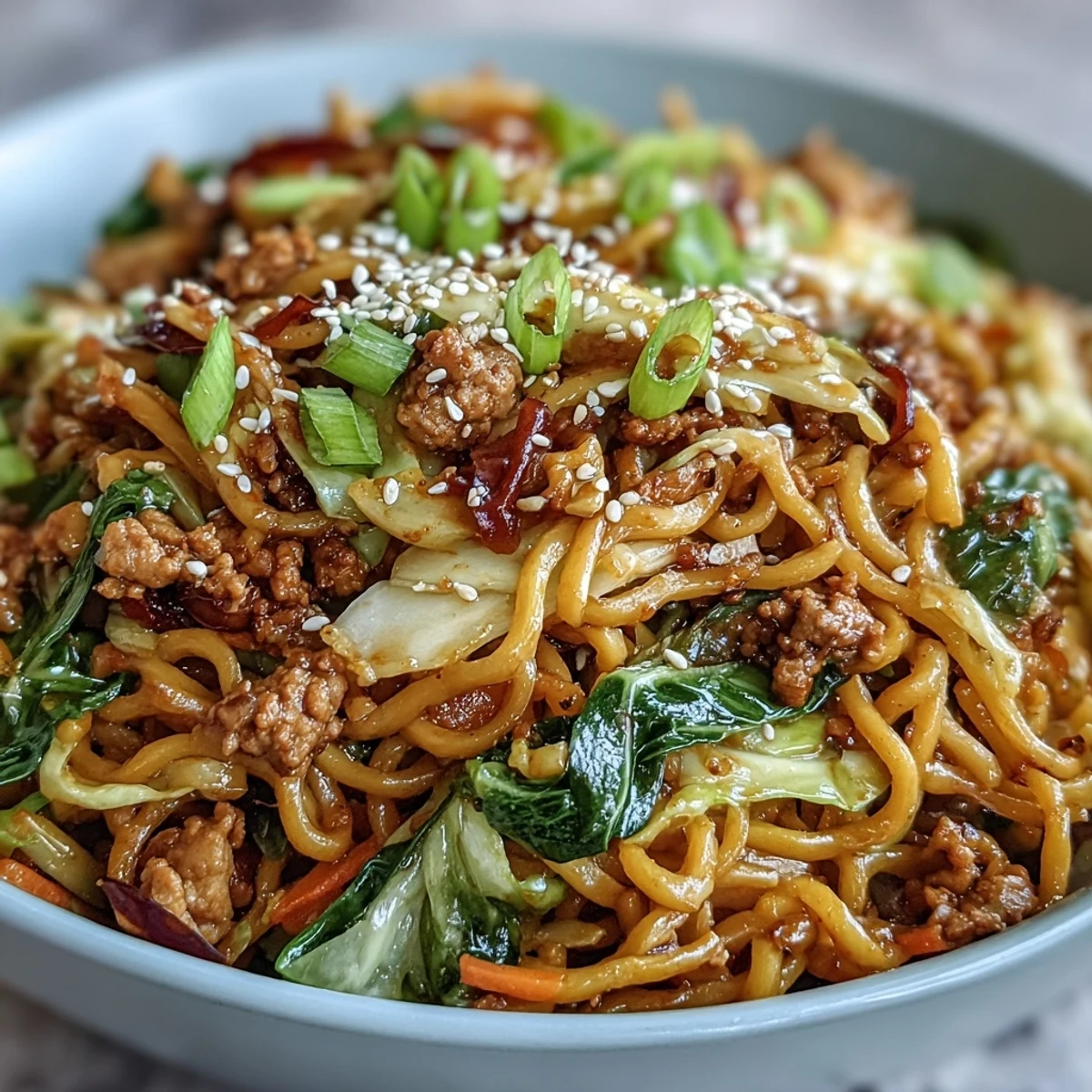 A generous bowl of Korean Turkey Fried Noodles, topped with sesame seeds and fresh green onions, ready to serve.