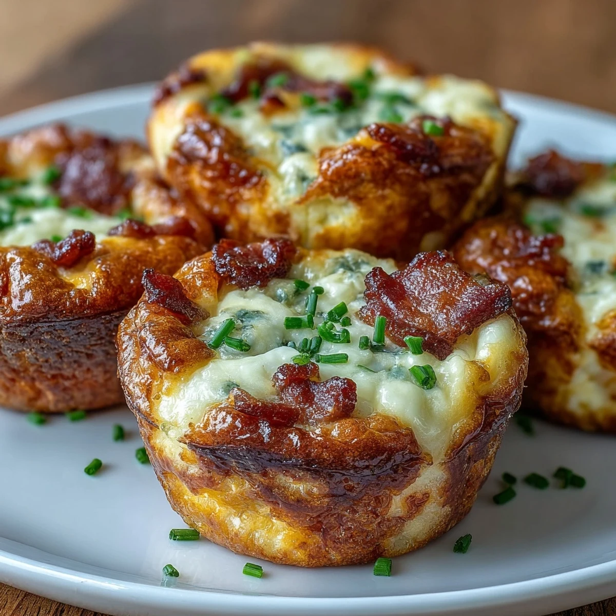 Freshly baked Ranch Bacon Breakfast Egg Bites are plated on a rustic wooden board, with melty cheddar cheese and crumbled bacon peeking through the fluffy golden tops.