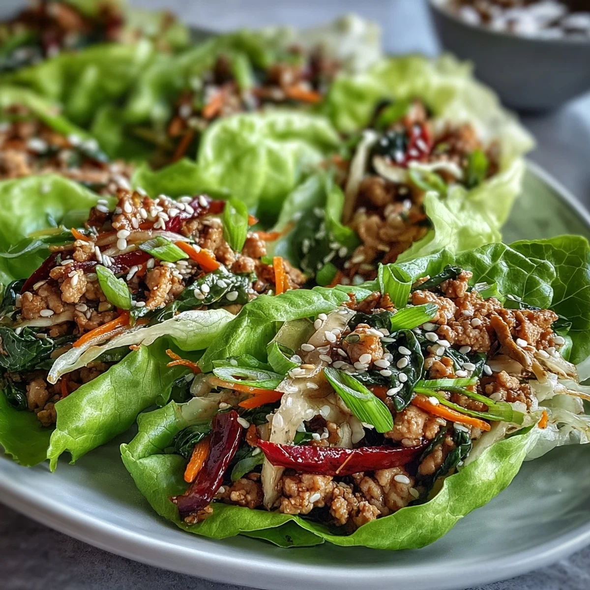 Savory ground turkey stir-fry with crisp vegetables and ginger-soy sauce, spooned into cool butter lettuce cups for Turkey Potsticker Stir-Fry Lettuce Wraps, garnished with sesame seeds.