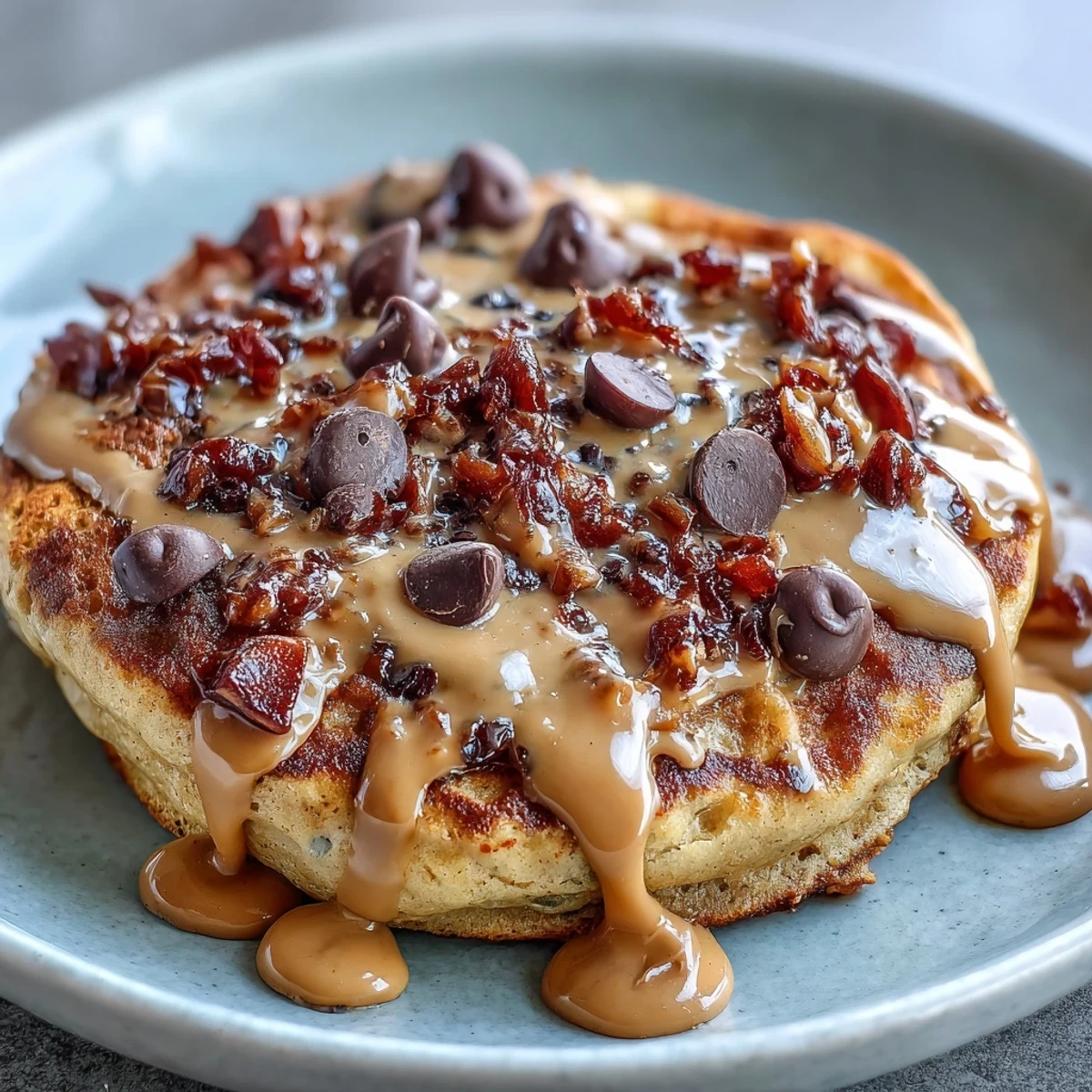 Freshly baked Peanut Butter Cup Protein Pancake Bowl with melted chocolate chips and a creamy peanut butter drizzle ready to enjoy.