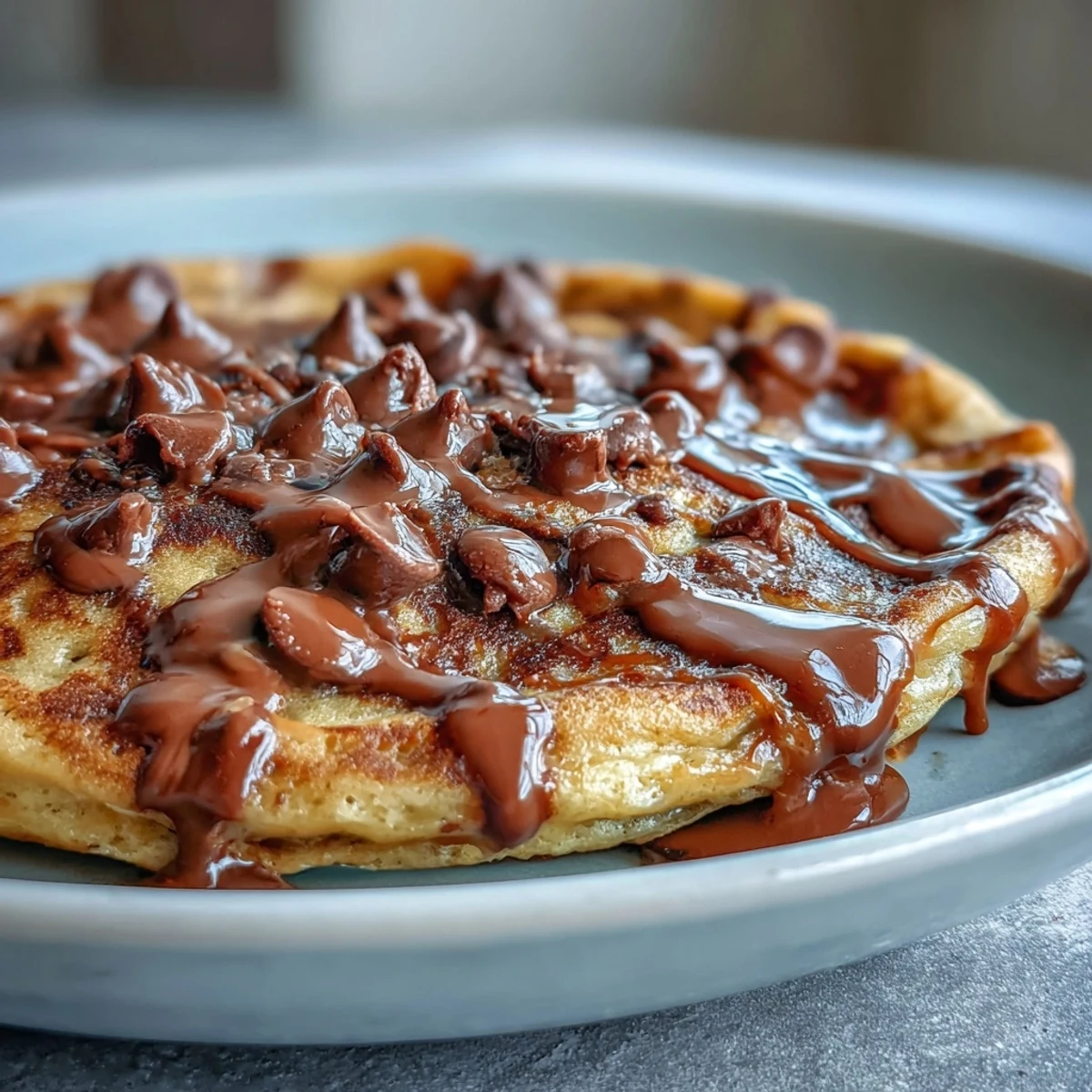 A single-serving Peanut Butter Cup Protein Pancake Bowl topped with extra chocolate chips, sliced bananas, and chopped peanuts on a rustic wooden table.