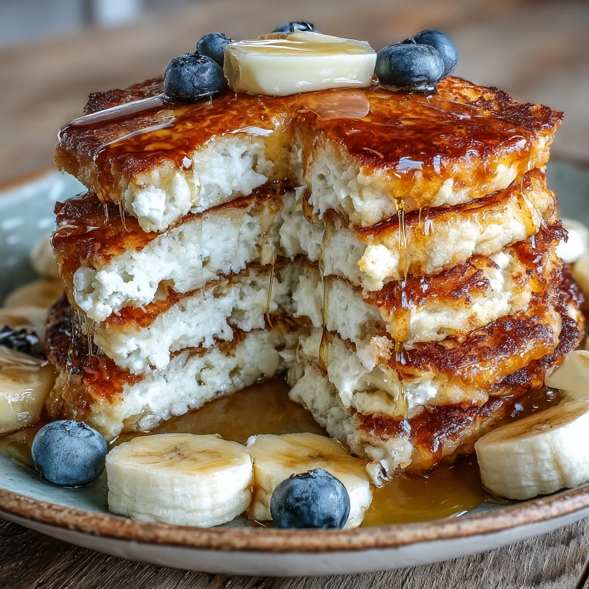 Golden-brown flourless cottage cheese pancakes stack high, topped with fresh berries and a honey drizzle.