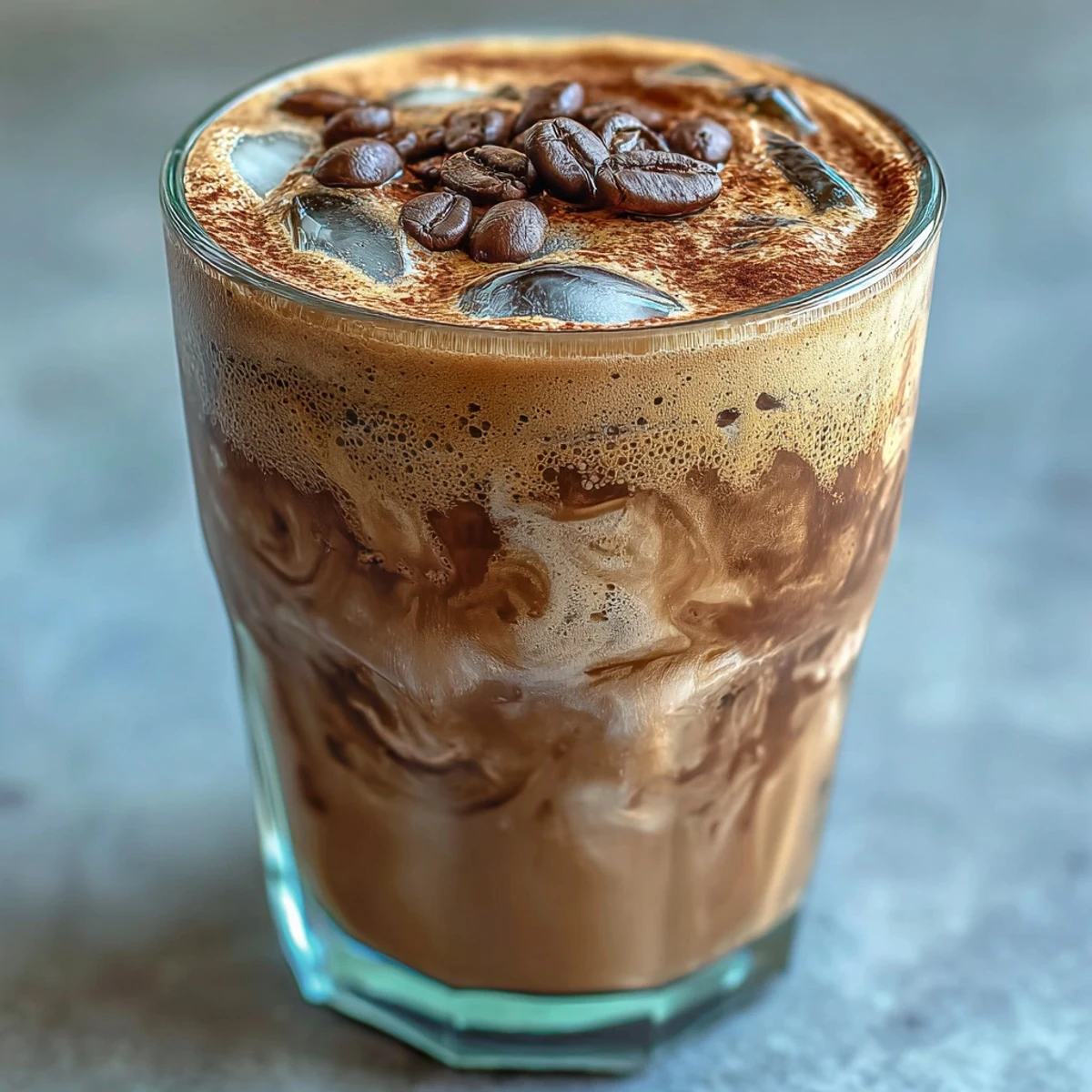 5-Minute Coffee Protein Shake poured into a frosty glass, topped with cocoa powder and a coffee bean garnish for a creamy morning boost.