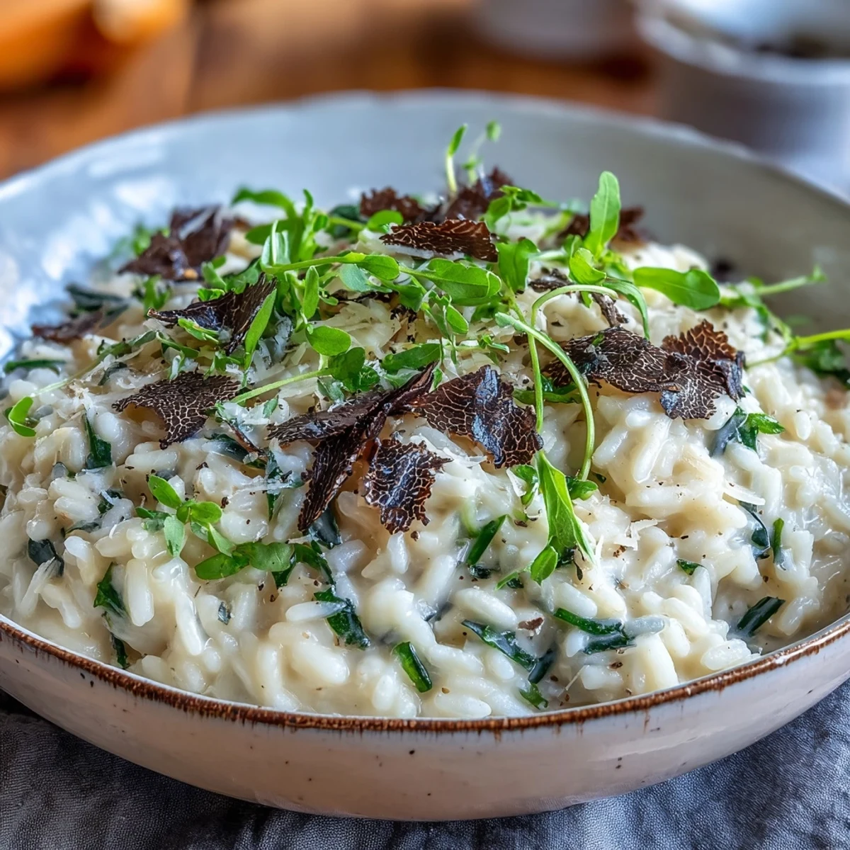 Serving of Truffle Risotto with Pea Shoots paired with a glass of white wine on a rustic table.