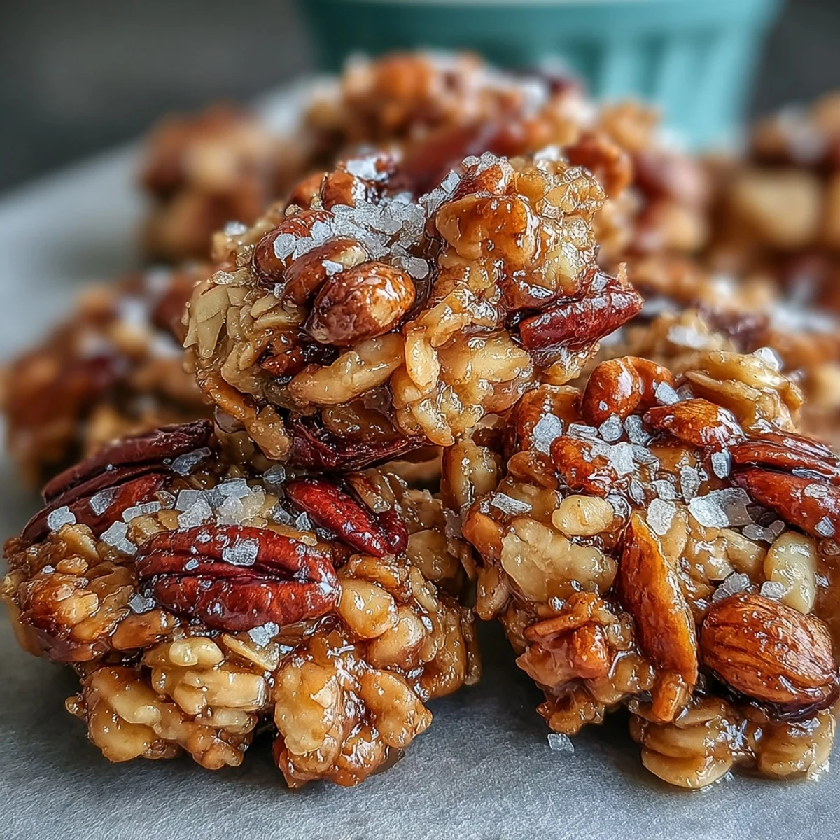 A close-up of baked Salted Honey Granola showing crisp oat texture and sparkling fleur de sel on top.