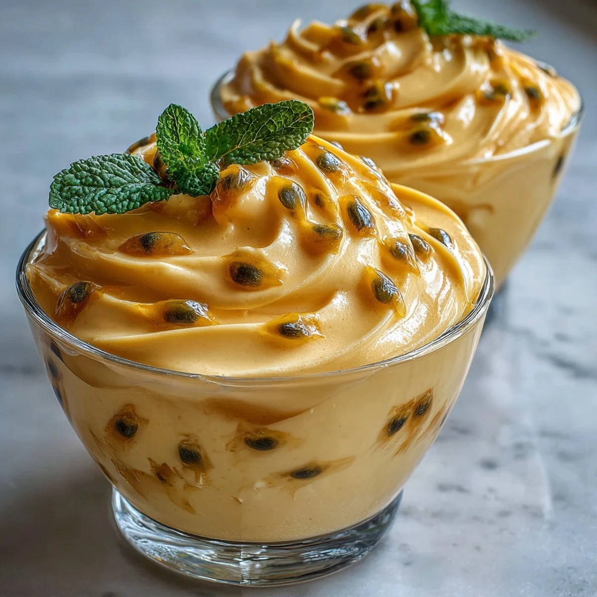 Garnished with fresh mint, this airy Passionfruit Mousse is served in a clear glass to show off its bright yellow color.