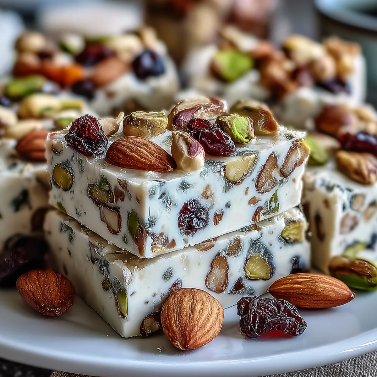 Glistening squares of Pistachio Nougat Candy stacked on a wooden board, featuring colorful dried fruits, ready to be paired with espresso.
