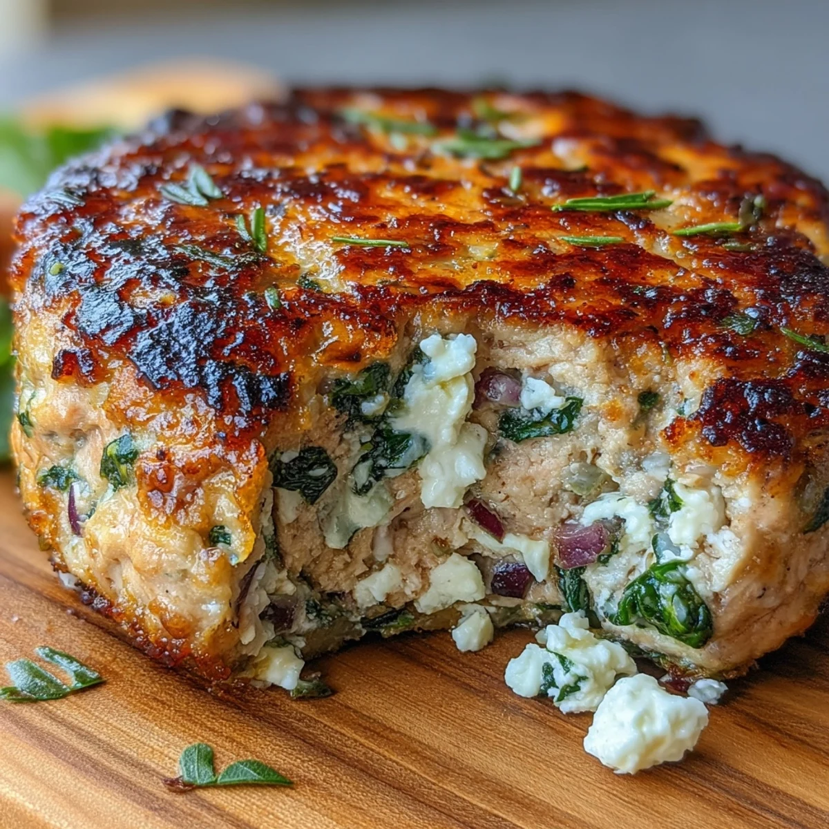 Golden-brown Greek Turkey Patties sizzling in a skillet, flecked with spinach and herbs.