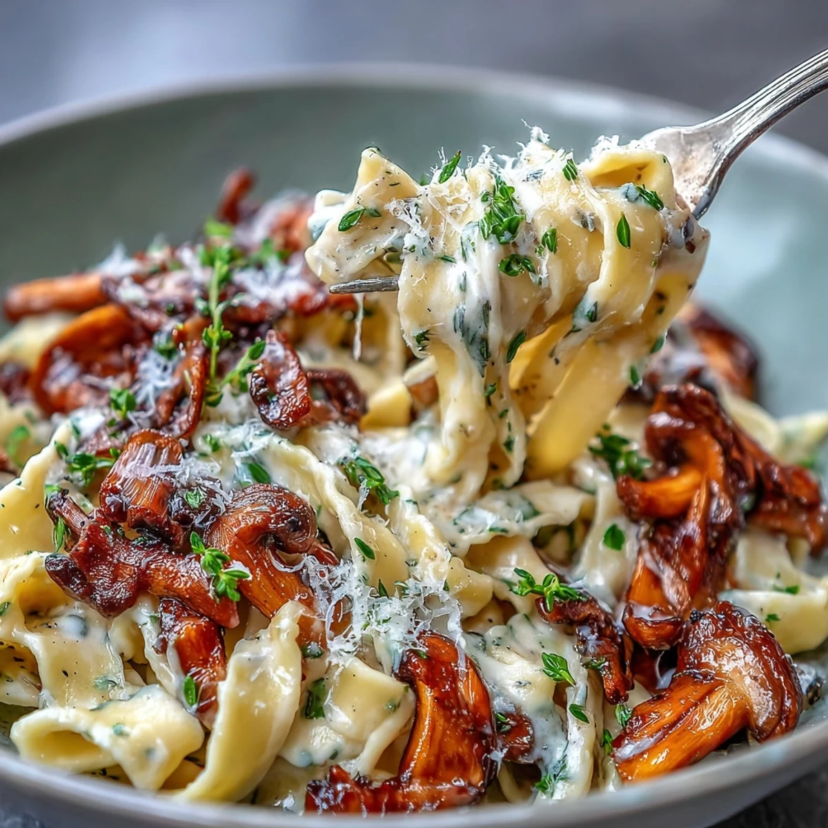 A skillet of One-Pot Creamy Mushroom Pasta with Thyme reveals golden-brown sautéed mushrooms and onions mingling with tender pasta in a rich, creamy sauce.