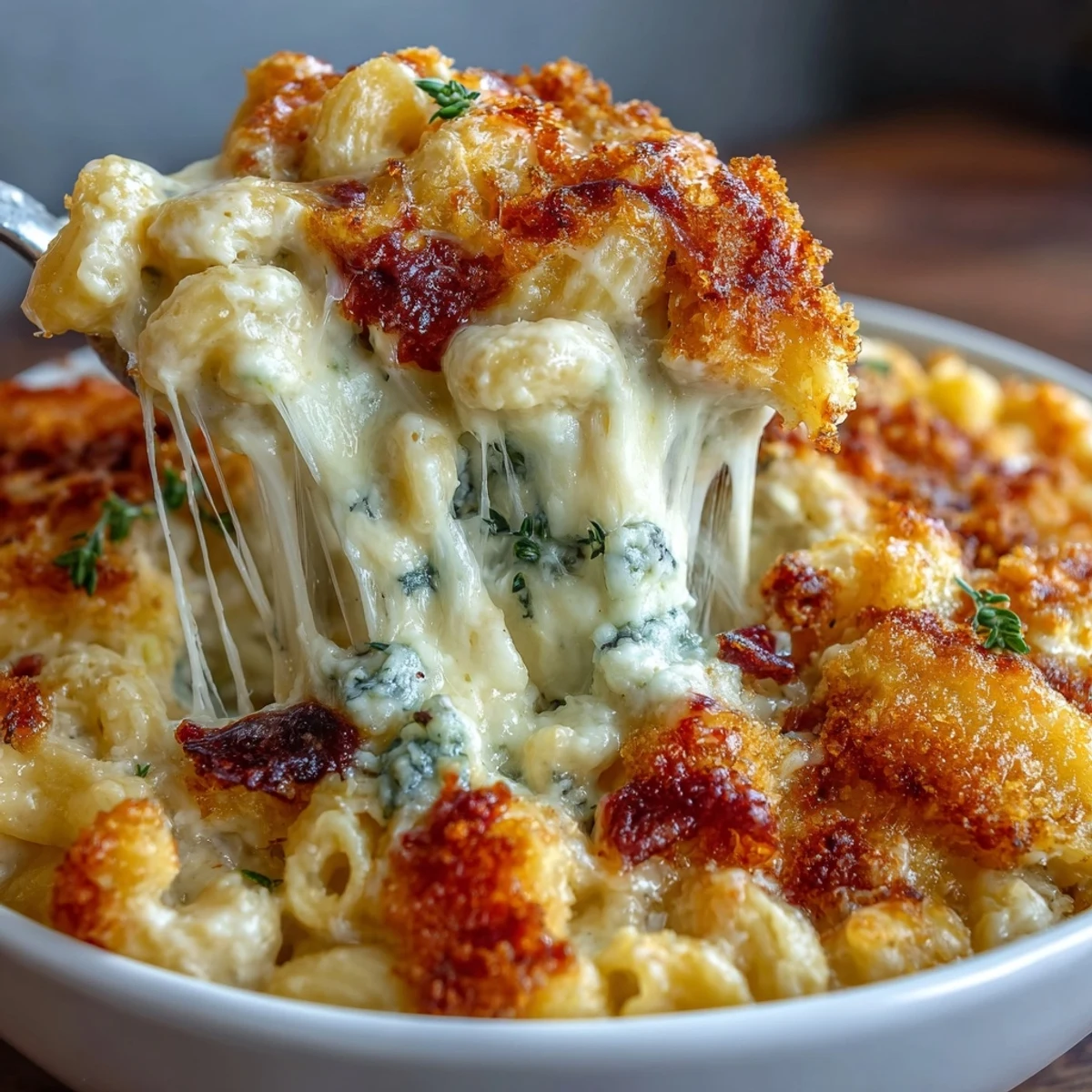 A close-up of Four-Cheese Mac & Cheese Bake, featuring panko topping and a green salad garnish.
