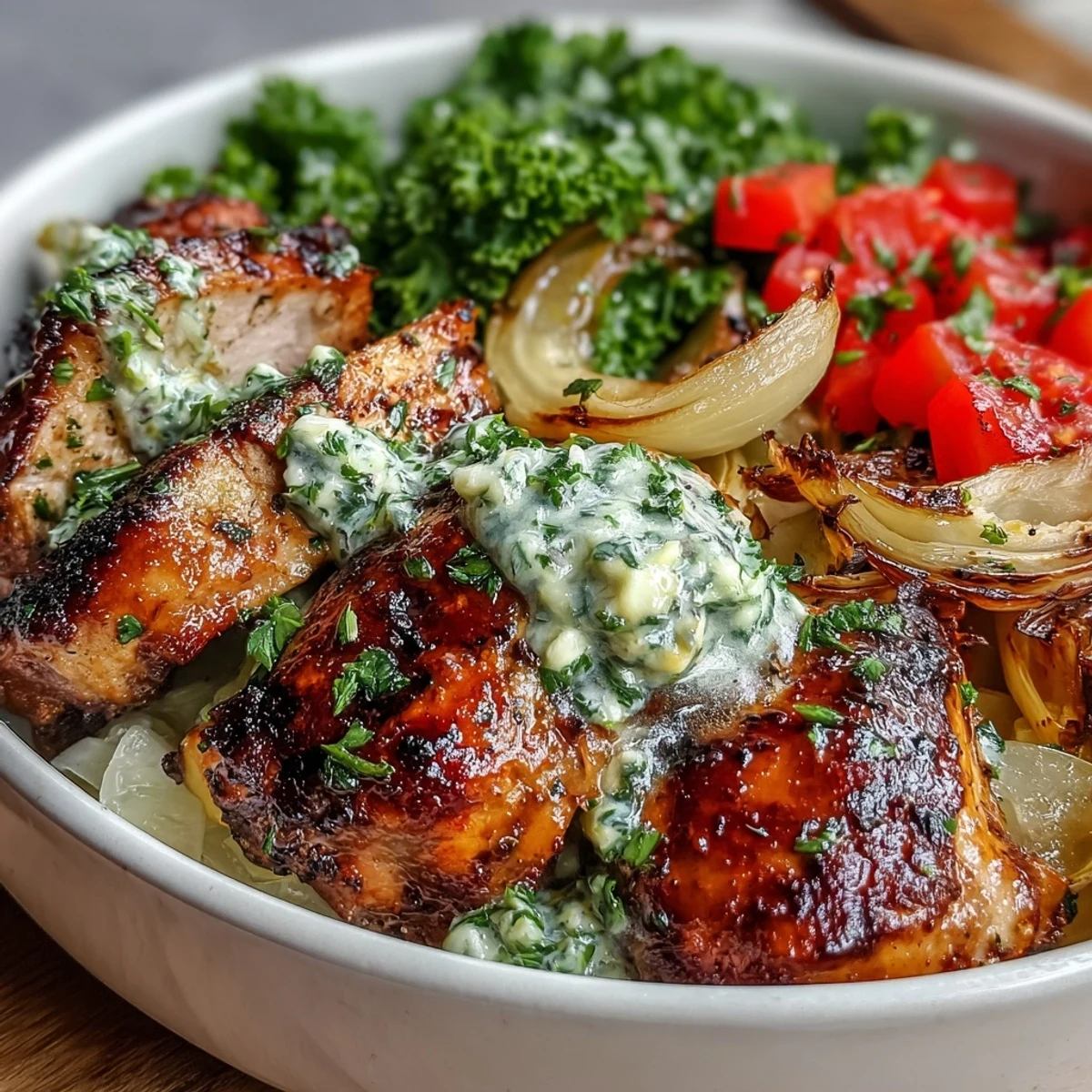 A close-up of the Chimichurri Grilled Chicken Bowl reveals fresh diced tomatoes and a generous splash of zesty green sauce over warm, protein-packed ingredients.