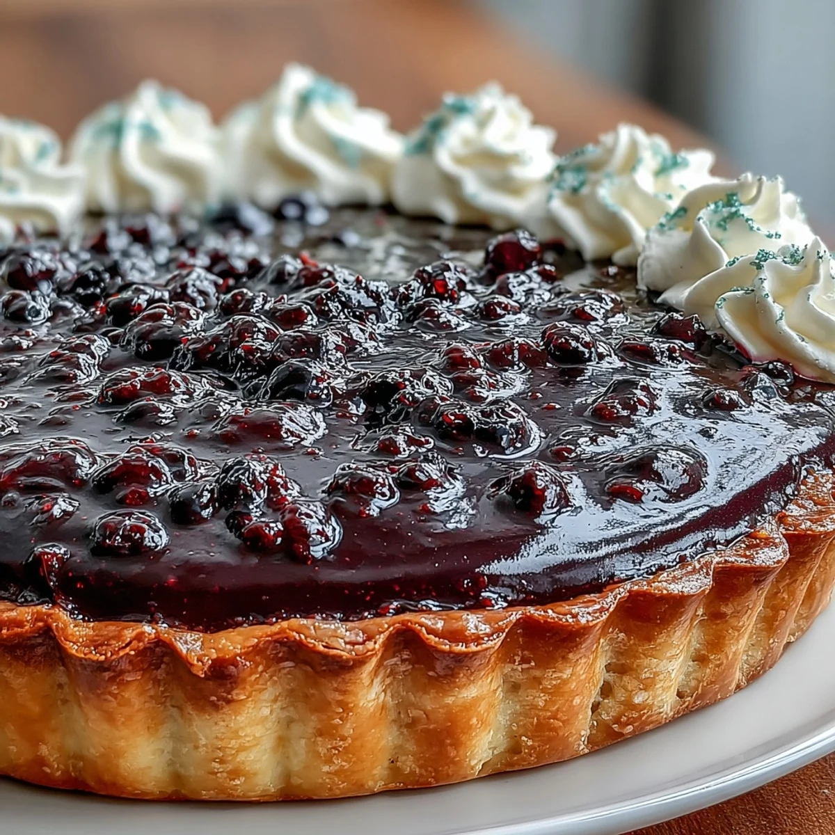 Freshly baked Black Currant Tart with a golden-brown crust, topped with whole black currants and zest.