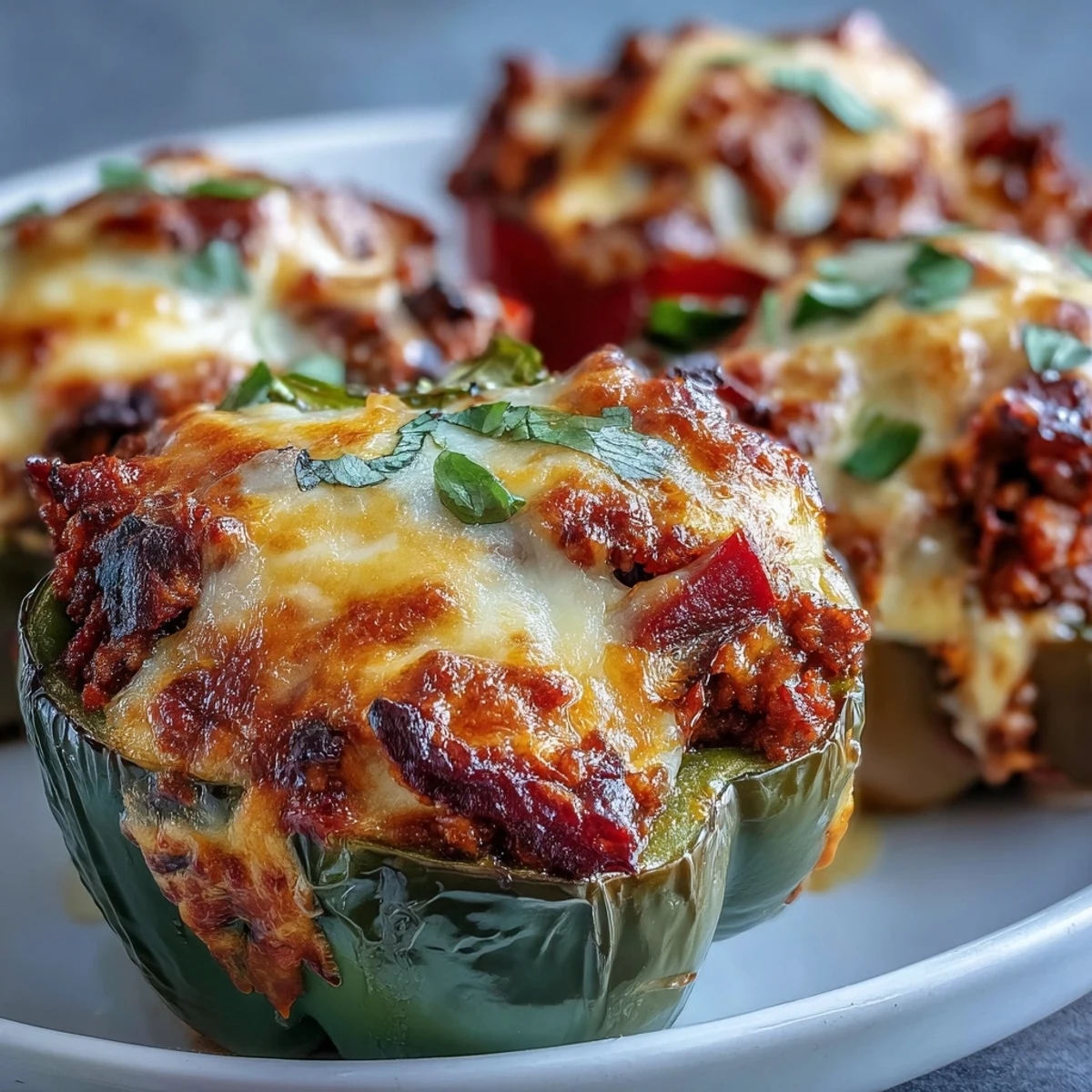 Four colorful bell peppers filled with savory keto taco meat, topped with golden melted cheddar cheese.