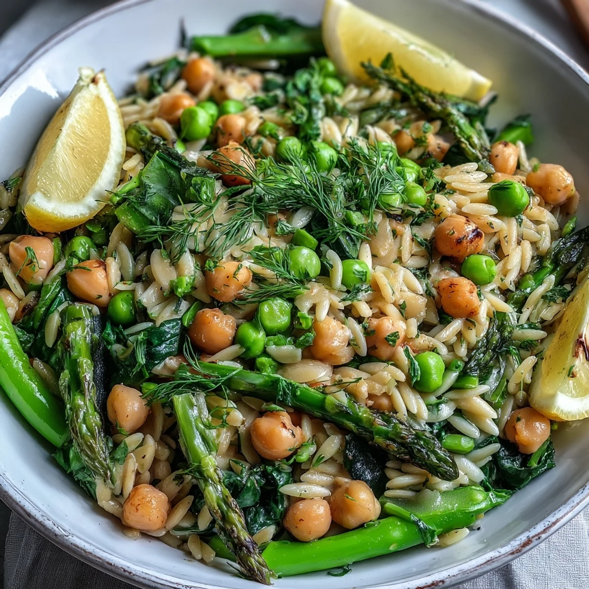 Bright One-Pot Lemon Herb Orzo with chickpeas, asparagus, and fresh dill garnish.